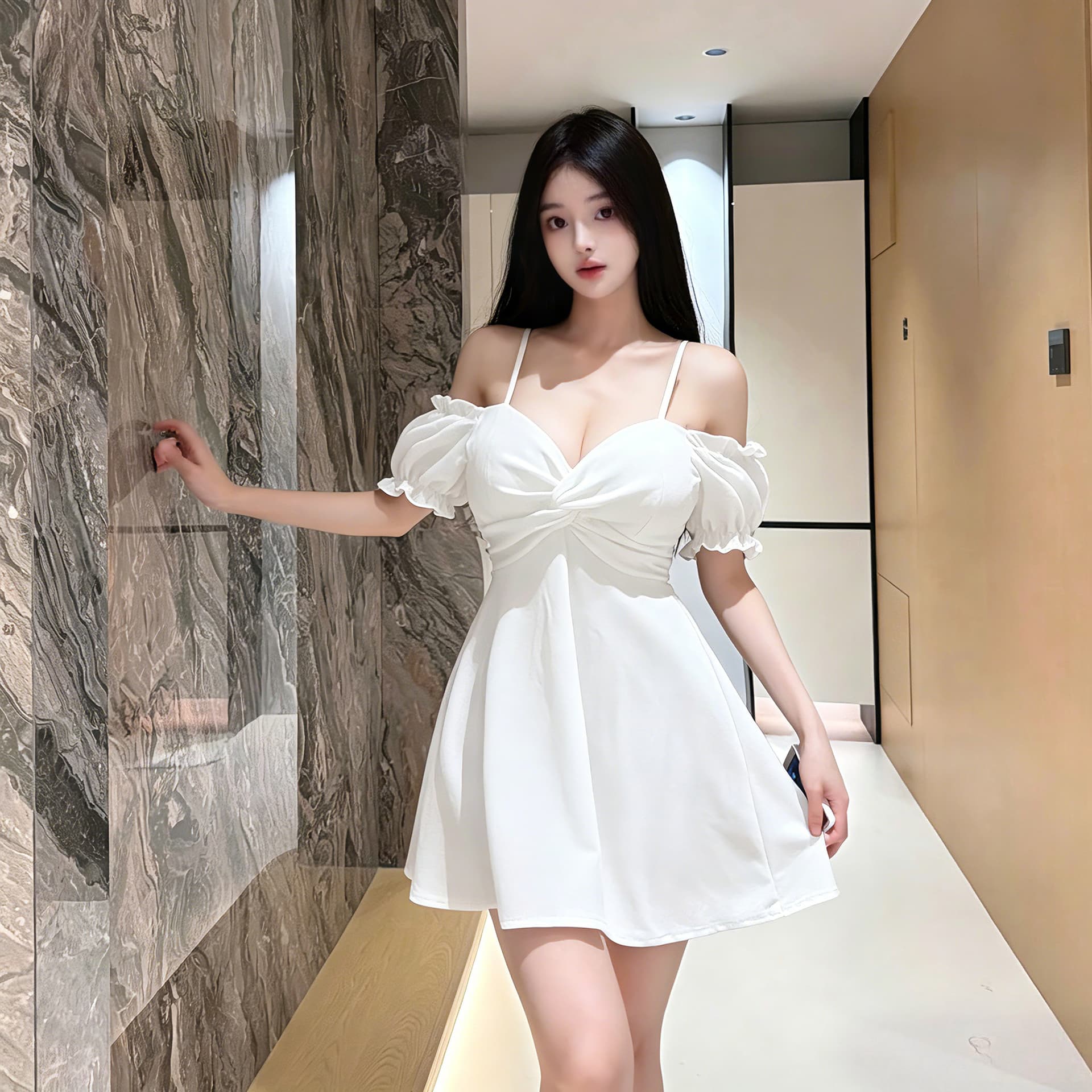 실사 오프숄더 튜브탑 슬립 드레스 디자인 센스 비틀림 허리 수축 표지 고기 디스플레이 몸 거품 소매 쇼트 스타일 예복 치마 이미지 2