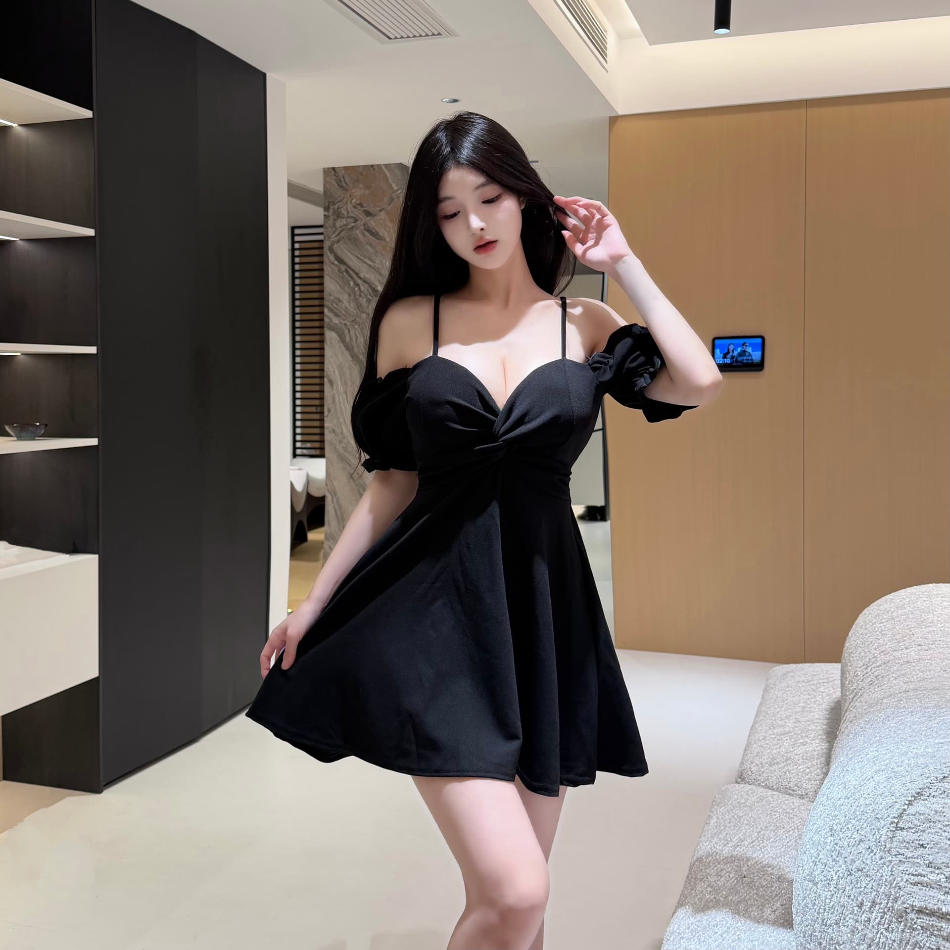 실사 오프숄더 튜브탑 슬립 드레스 디자인 센스 비틀림 허리 수축 표지 고기 디스플레이 몸 거품 소매 쇼트 스타일 예복 치마 상세 이미지 11