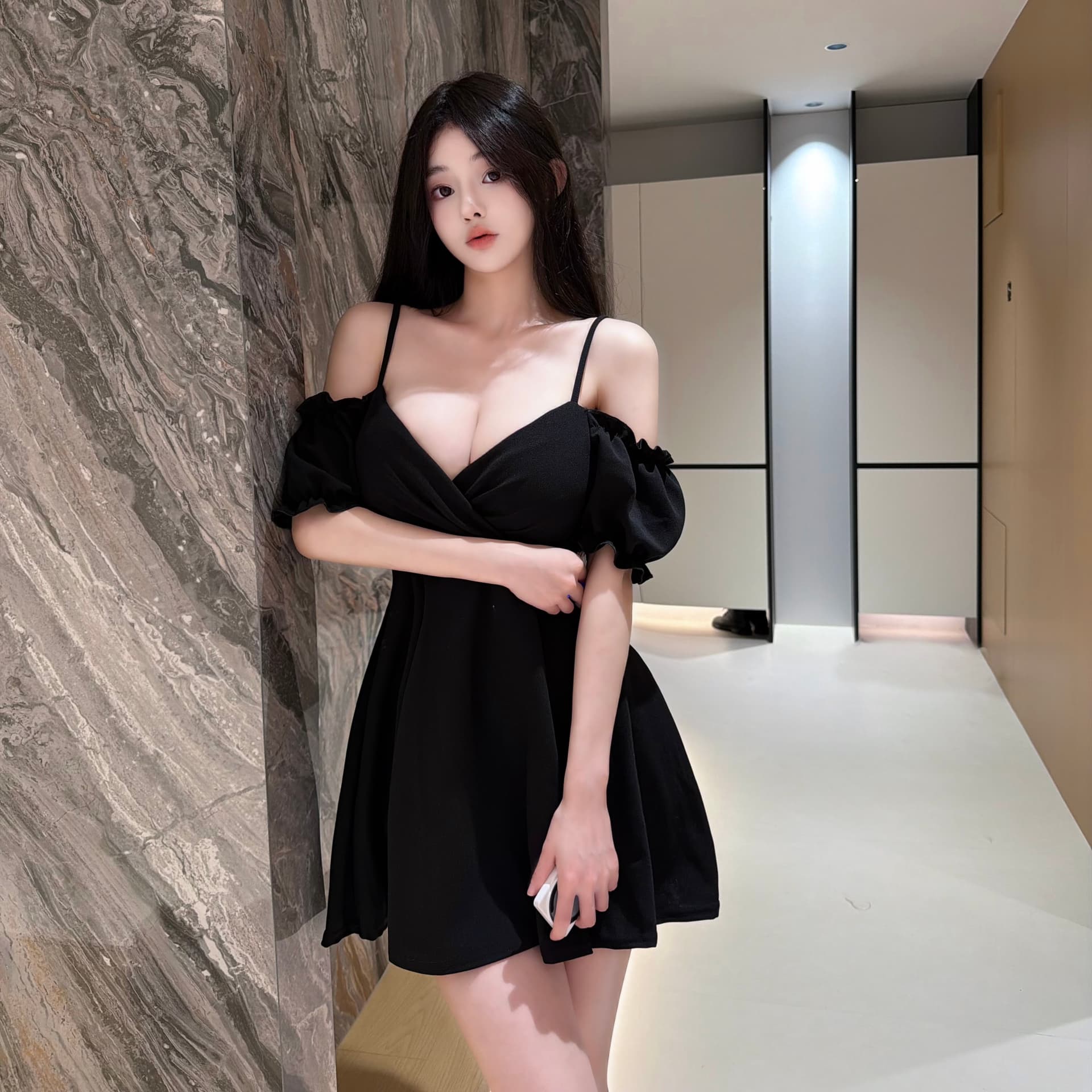 실사 오프숄더 튜브탑 슬립 미니 스커트 디자인 센스 주름 허리 수축 큰 진자 표지 넓적 다리 디스플레이 몸 쇼트 스타일 품격 치마 이미지 2