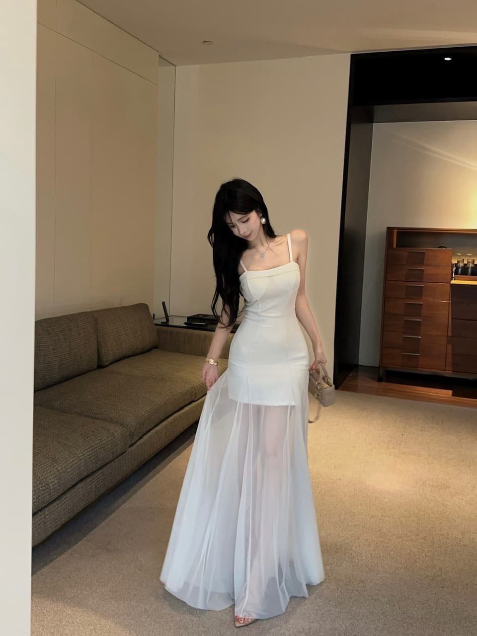 실사 좋은 슬립 튜브탑 허리 수축 드레스 패치워크 시스루 망사 인어 꼬리 롱 스커트 분위기 센스 데이트 예복 치마 상세 이미지 10