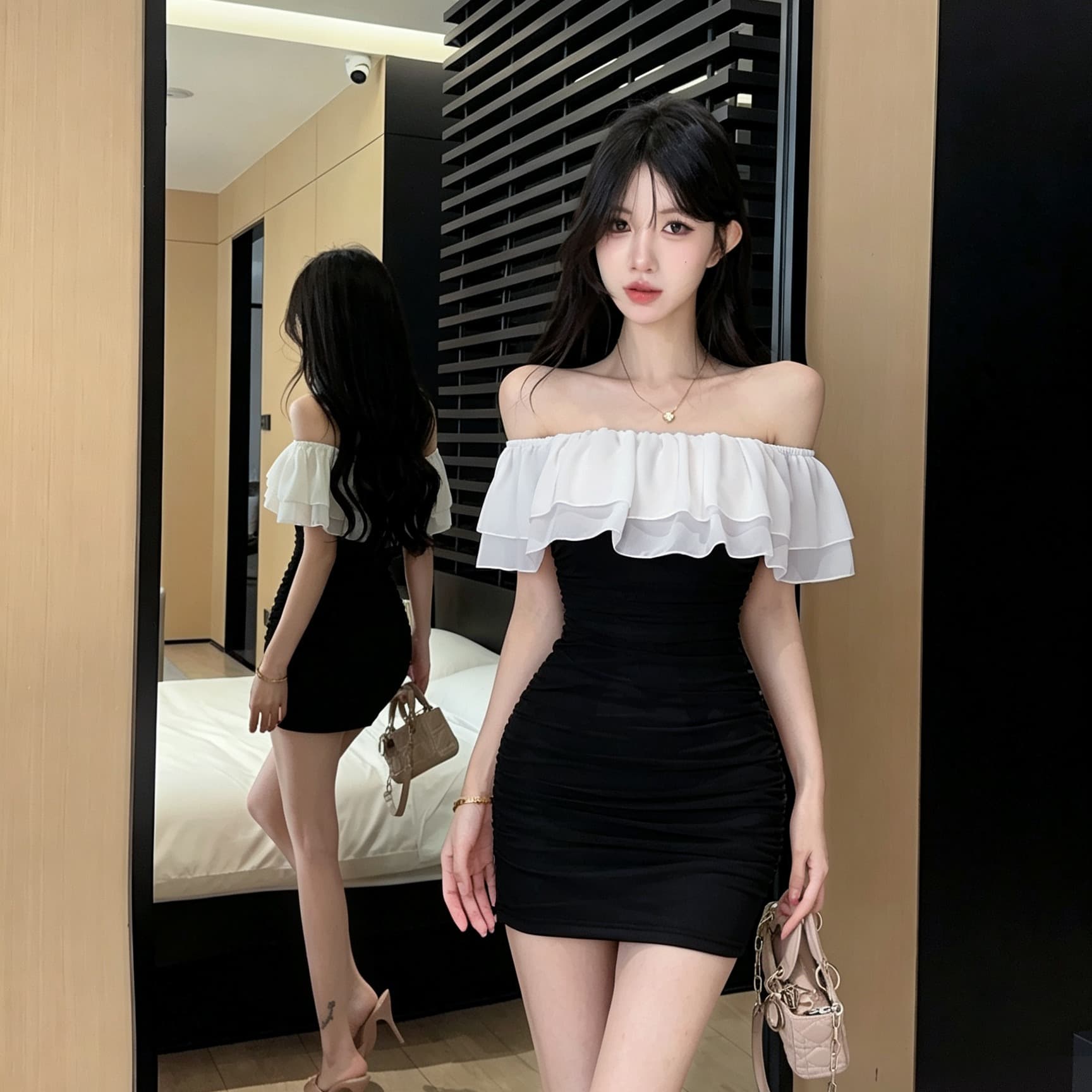 실사 프랑스식 오프숄더 보트넥 쉬폰 패치워크 미니 스커트 몸매 가꾸기 신축성 타이트 스커트 섹시함 쇼트 스타일 모임 드레스