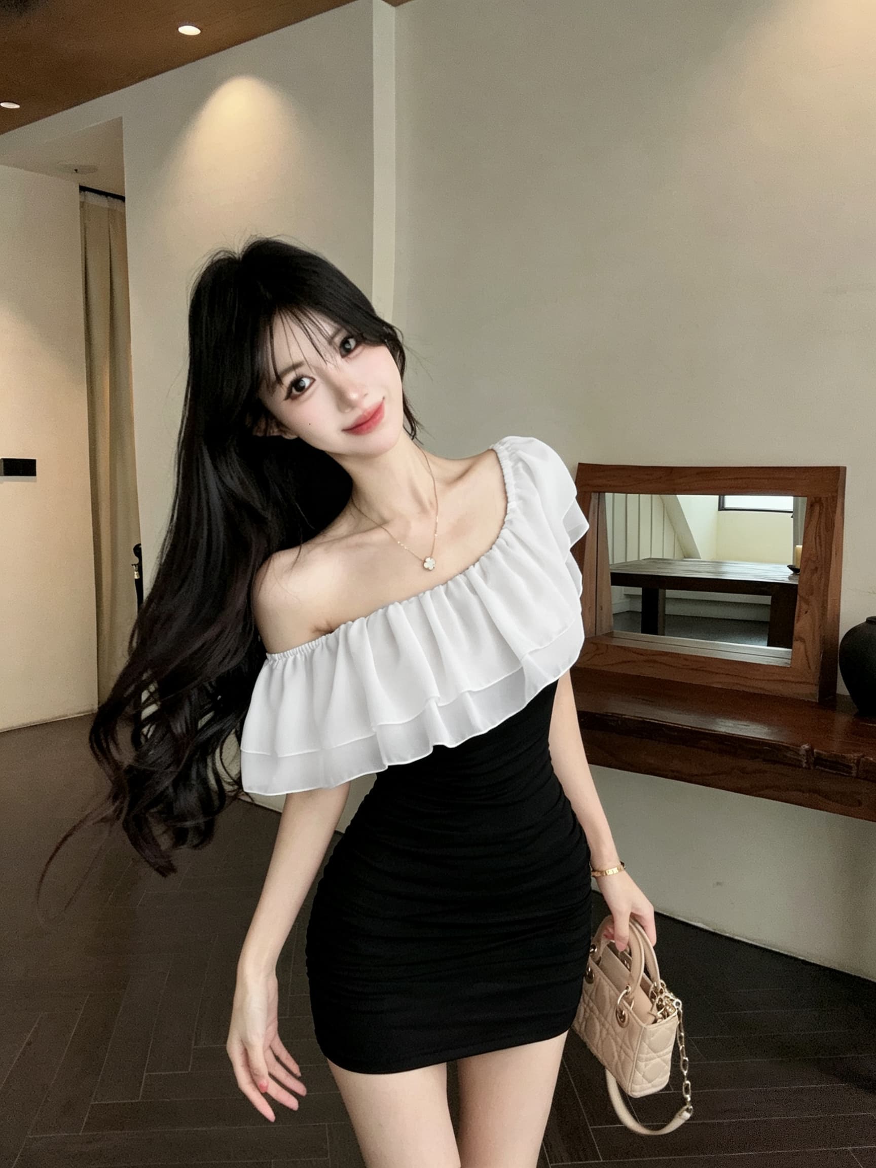 실사 프랑스식 오프숄더 보트넥 쉬폰 패치워크 미니 스커트 몸매 가꾸기 신축성 타이트 스커트 섹시함 쇼트 스타일 모임 드레스 상세 이미지 2
