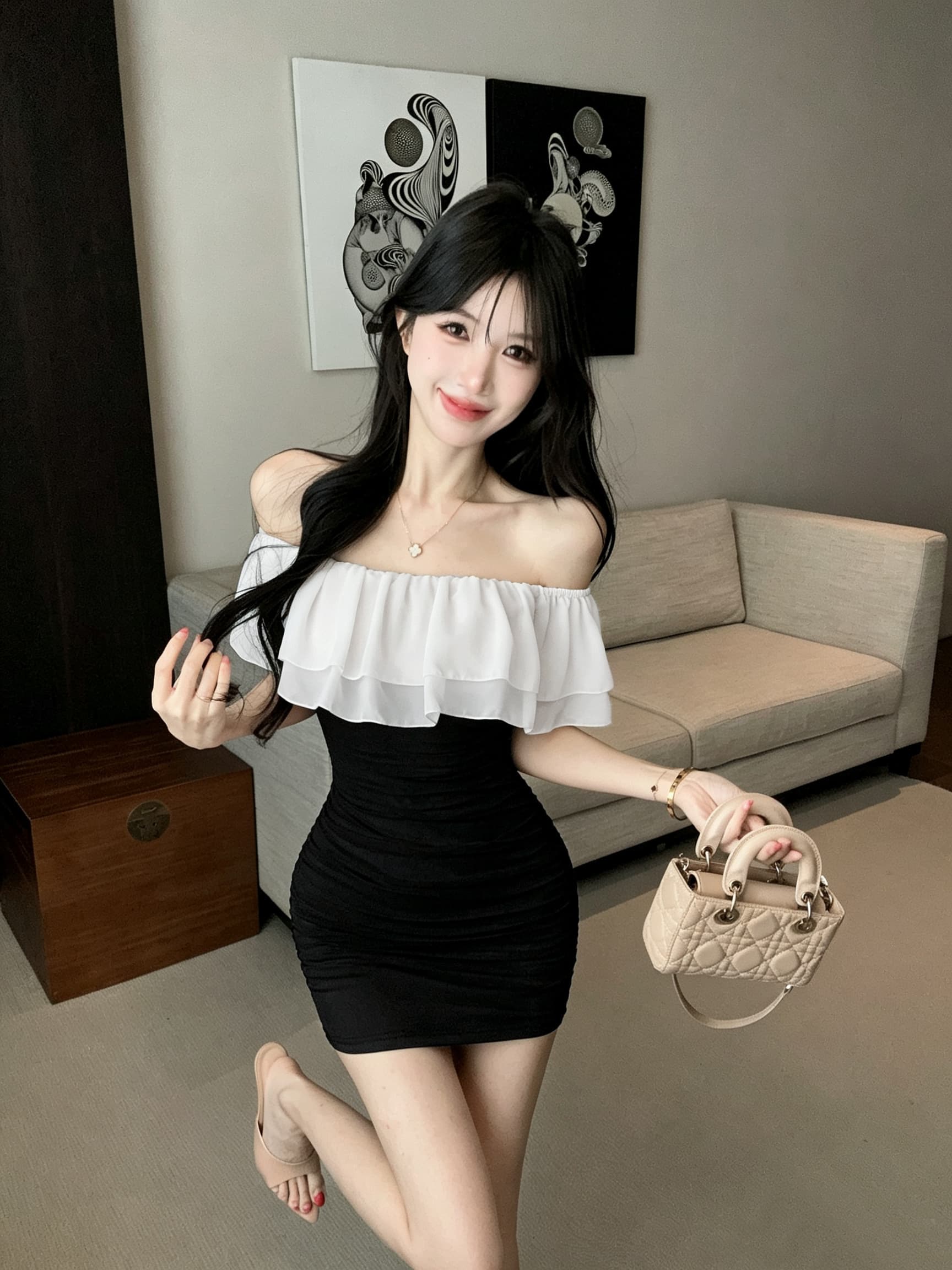 실사 프랑스식 오프숄더 보트넥 쉬폰 패치워크 미니 스커트 몸매 가꾸기 신축성 타이트 스커트 섹시함 쇼트 스타일 모임 드레스 상세 이미지 3