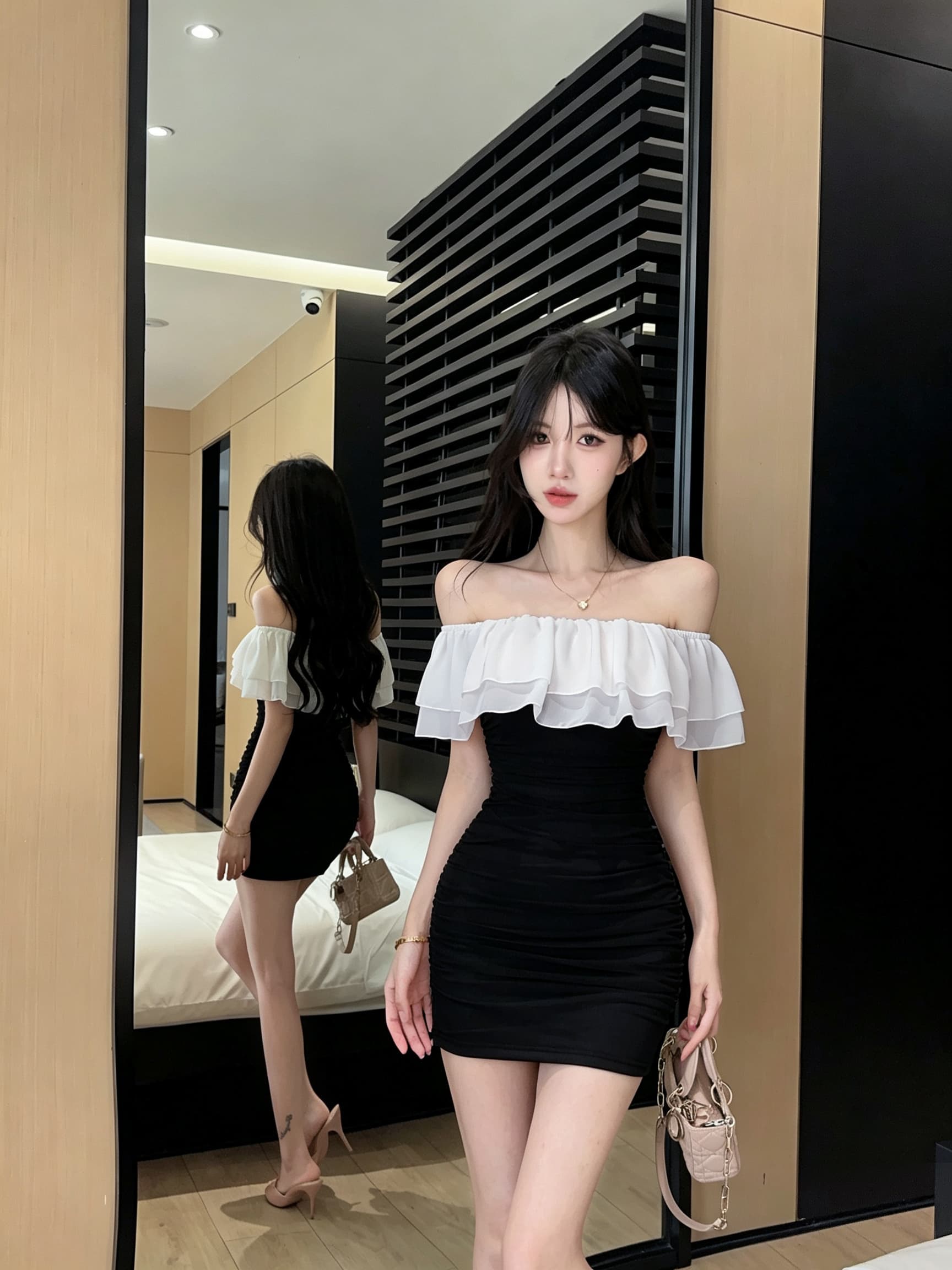 실사 프랑스식 오프숄더 보트넥 쉬폰 패치워크 미니 스커트 몸매 가꾸기 신축성 타이트 스커트 섹시함 쇼트 스타일 모임 드레스 상세 이미지 4