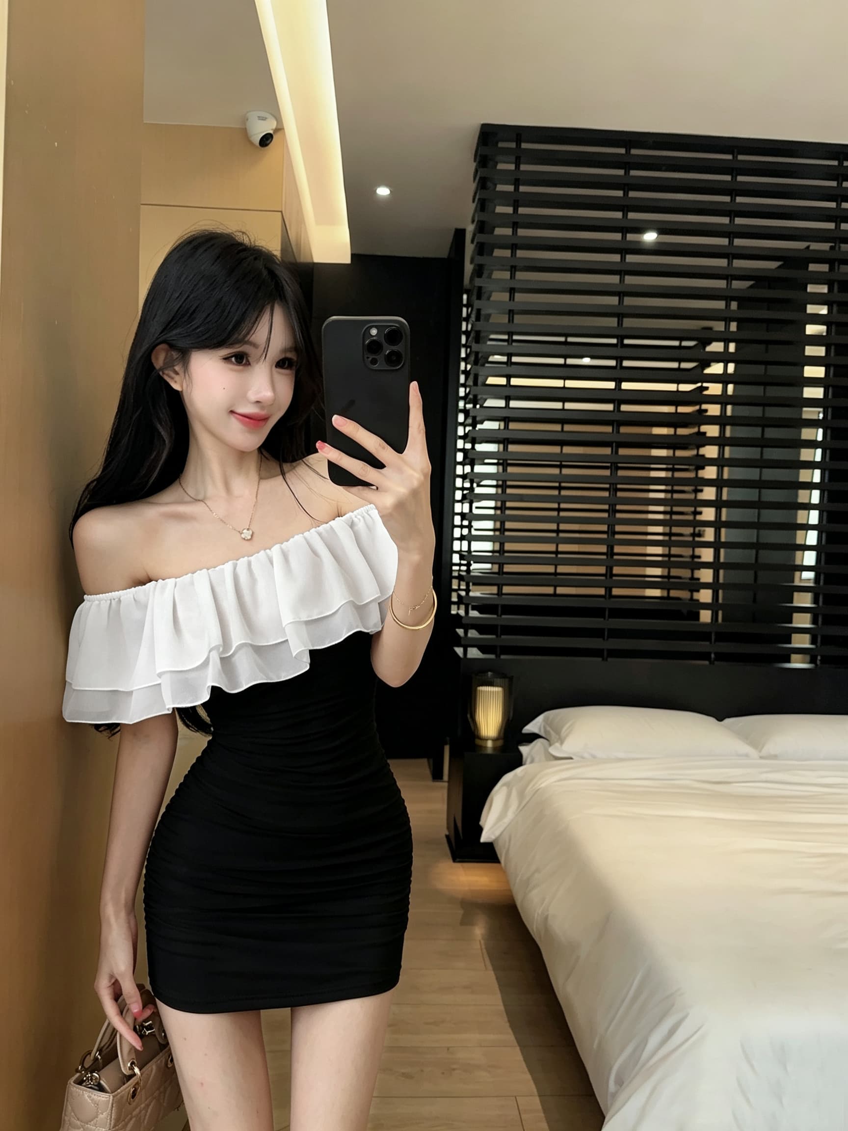 실사 프랑스식 오프숄더 보트넥 쉬폰 패치워크 미니 스커트 몸매 가꾸기 신축성 타이트 스커트 섹시함 쇼트 스타일 모임 드레스 상세 이미지 5
