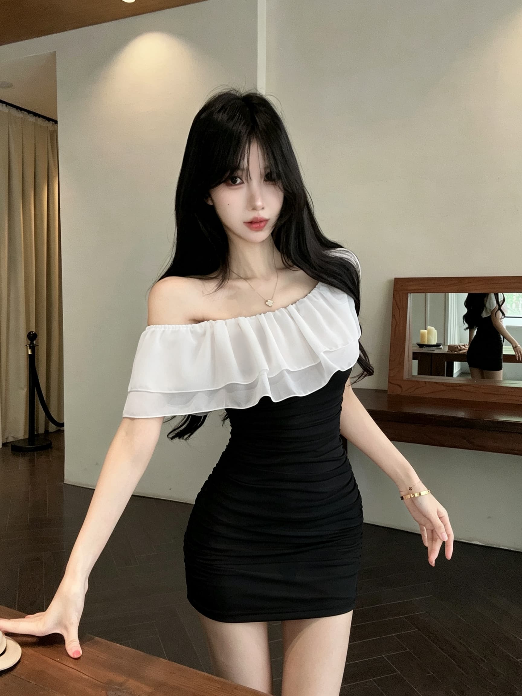 실사 프랑스식 오프숄더 보트넥 쉬폰 패치워크 미니 스커트 몸매 가꾸기 신축성 타이트 스커트 섹시함 쇼트 스타일 모임 드레스 상세 이미지 6