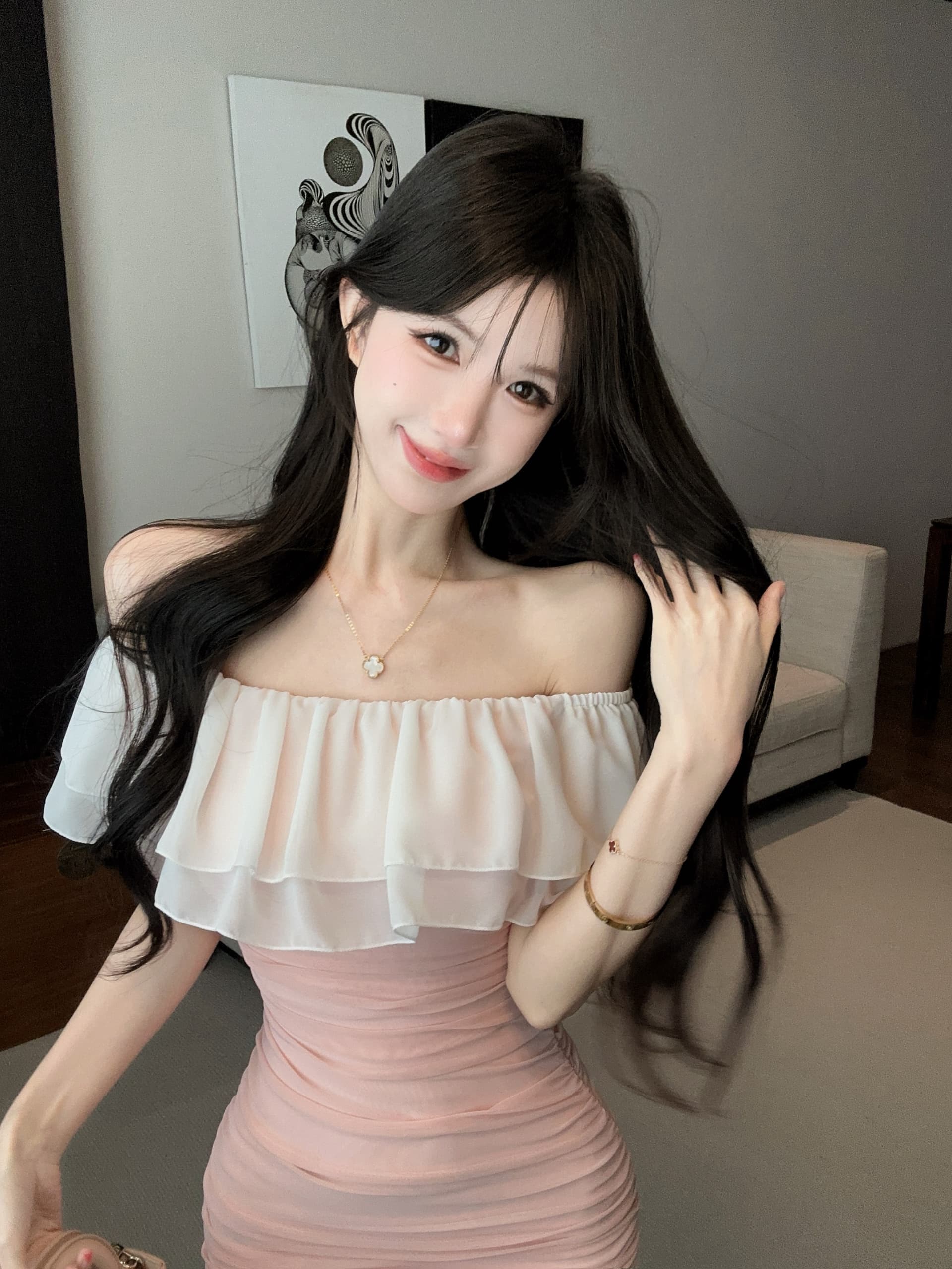 실사 프랑스식 오프숄더 보트넥 쉬폰 패치워크 미니 스커트 몸매 가꾸기 신축성 타이트 스커트 섹시함 쇼트 스타일 모임 드레스 상세 이미지 8