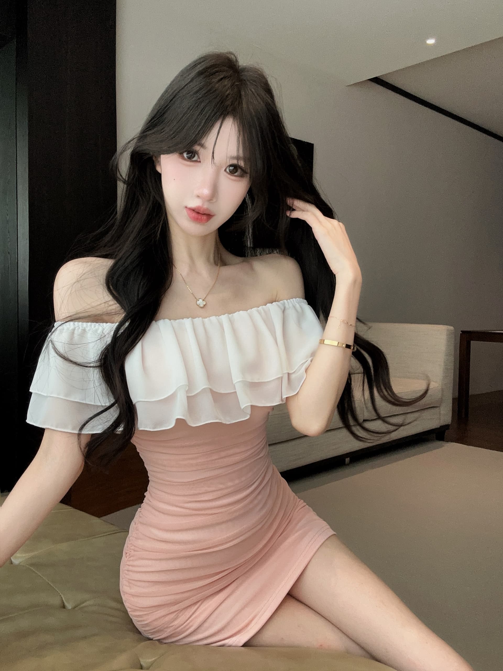 실사 프랑스식 오프숄더 보트넥 쉬폰 패치워크 미니 스커트 몸매 가꾸기 신축성 타이트 스커트 섹시함 쇼트 스타일 모임 드레스 상세 이미지 9