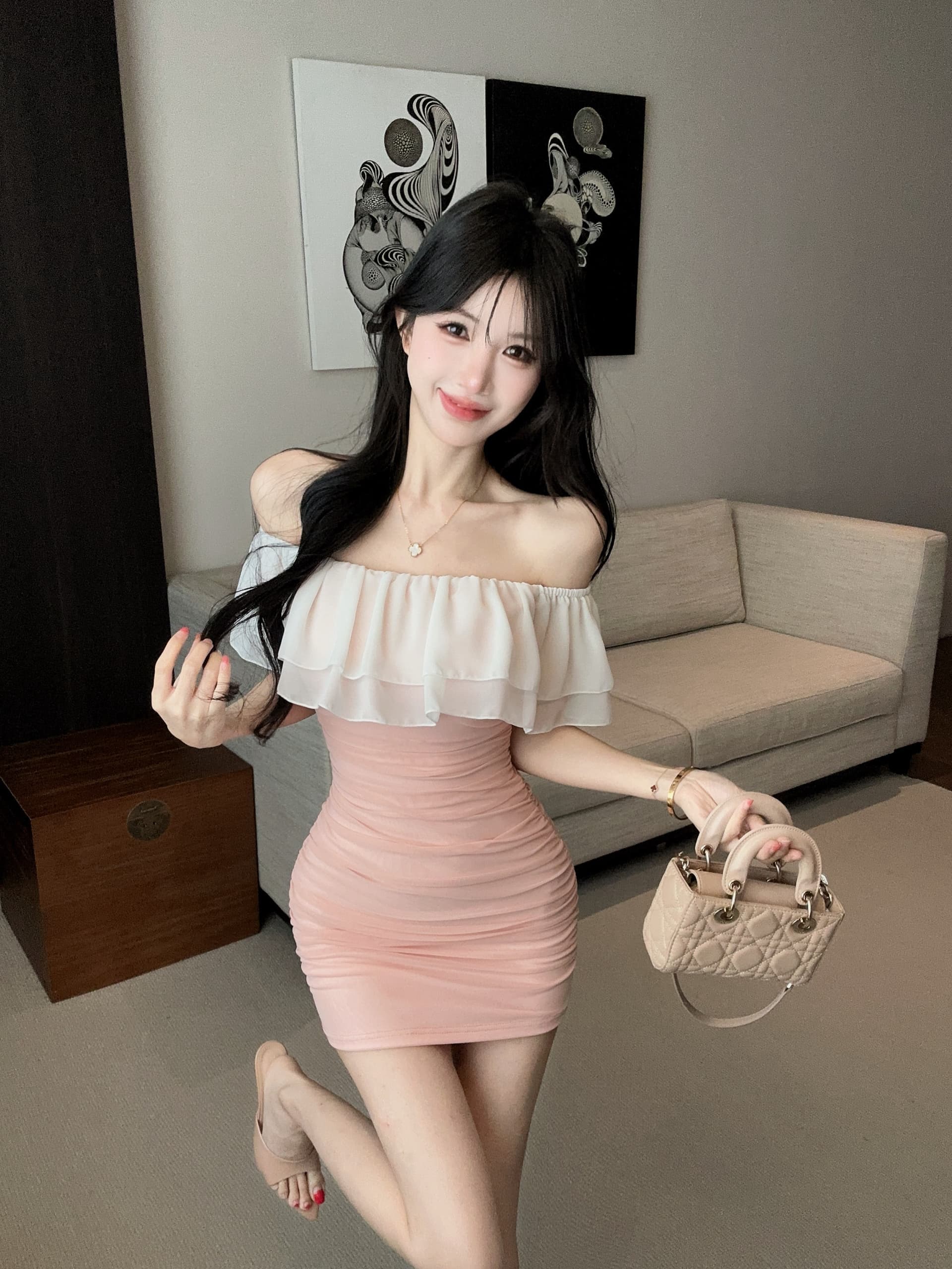실사 프랑스식 오프숄더 보트넥 쉬폰 패치워크 미니 스커트 몸매 가꾸기 신축성 타이트 스커트 섹시함 쇼트 스타일 모임 드레스 상세 이미지 15