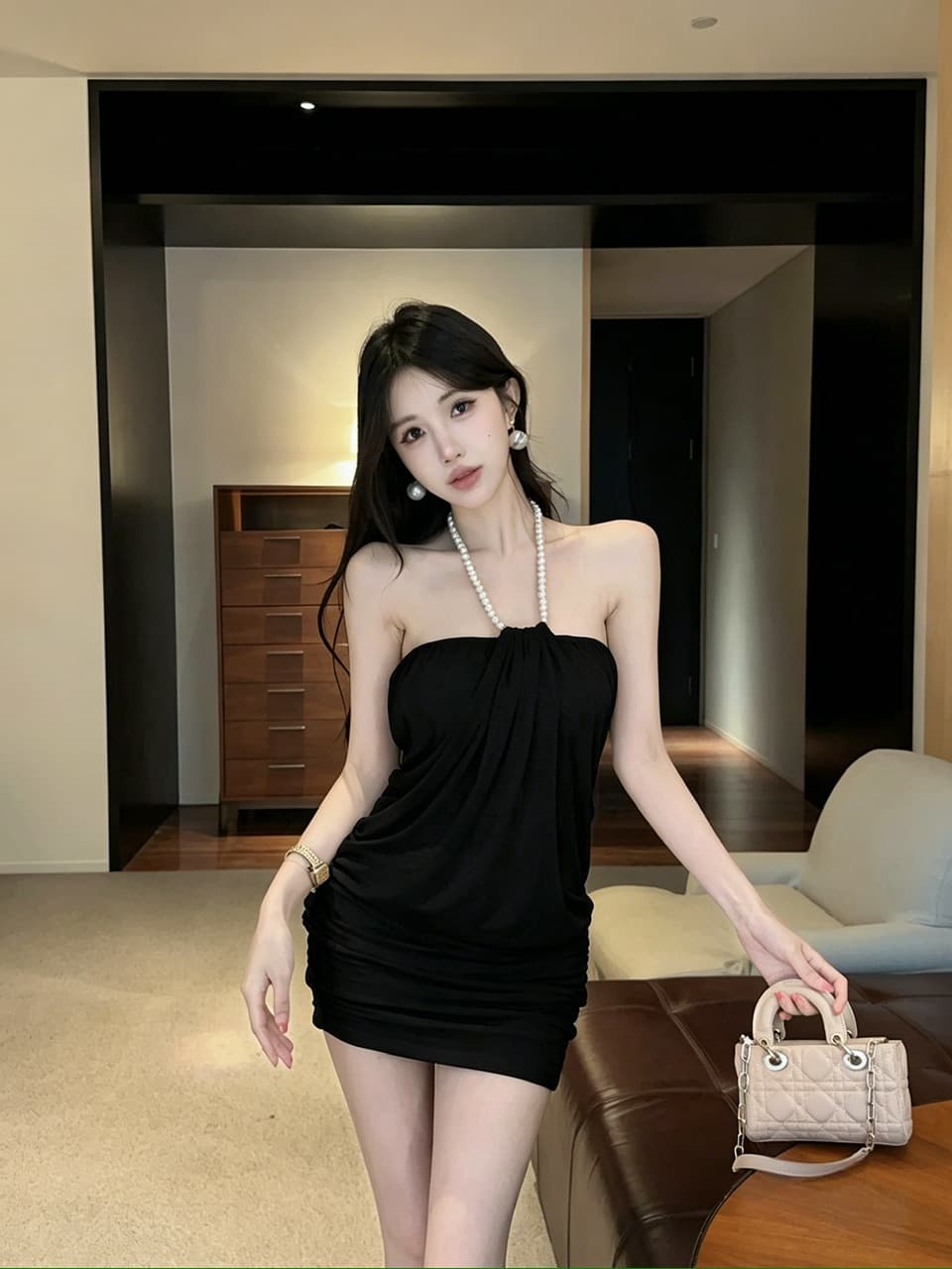 실사 고급 센스 행침 목 튜브탑 미니 스커트 신축성 망사 표지 배 슬림해 보이는 작은 키 분위기 센스 모임 드레스 상세 이미지 11