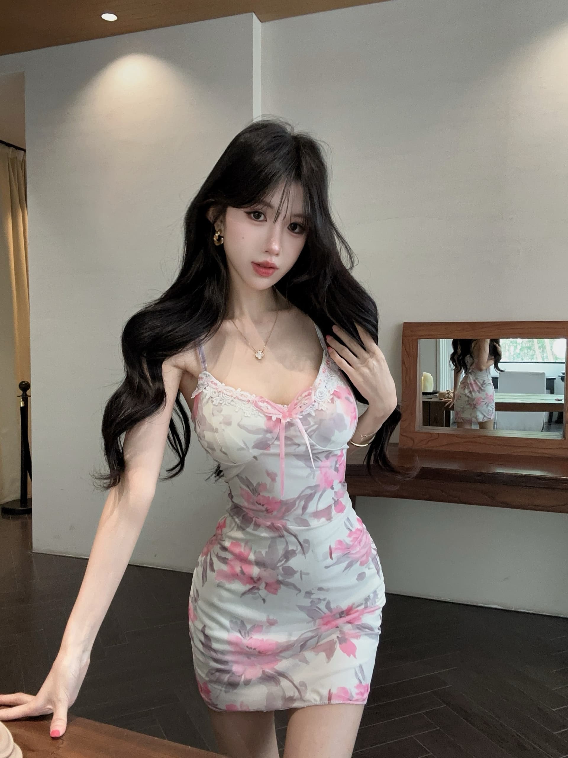 실사 레이스 나비 매듭 V넥 슬립 드레스 수묵화 프린트 측면 펌프 Pleat 허리 수축 타이트 스커트 순수한 욕망 미니 스커트 상세 이미지 10