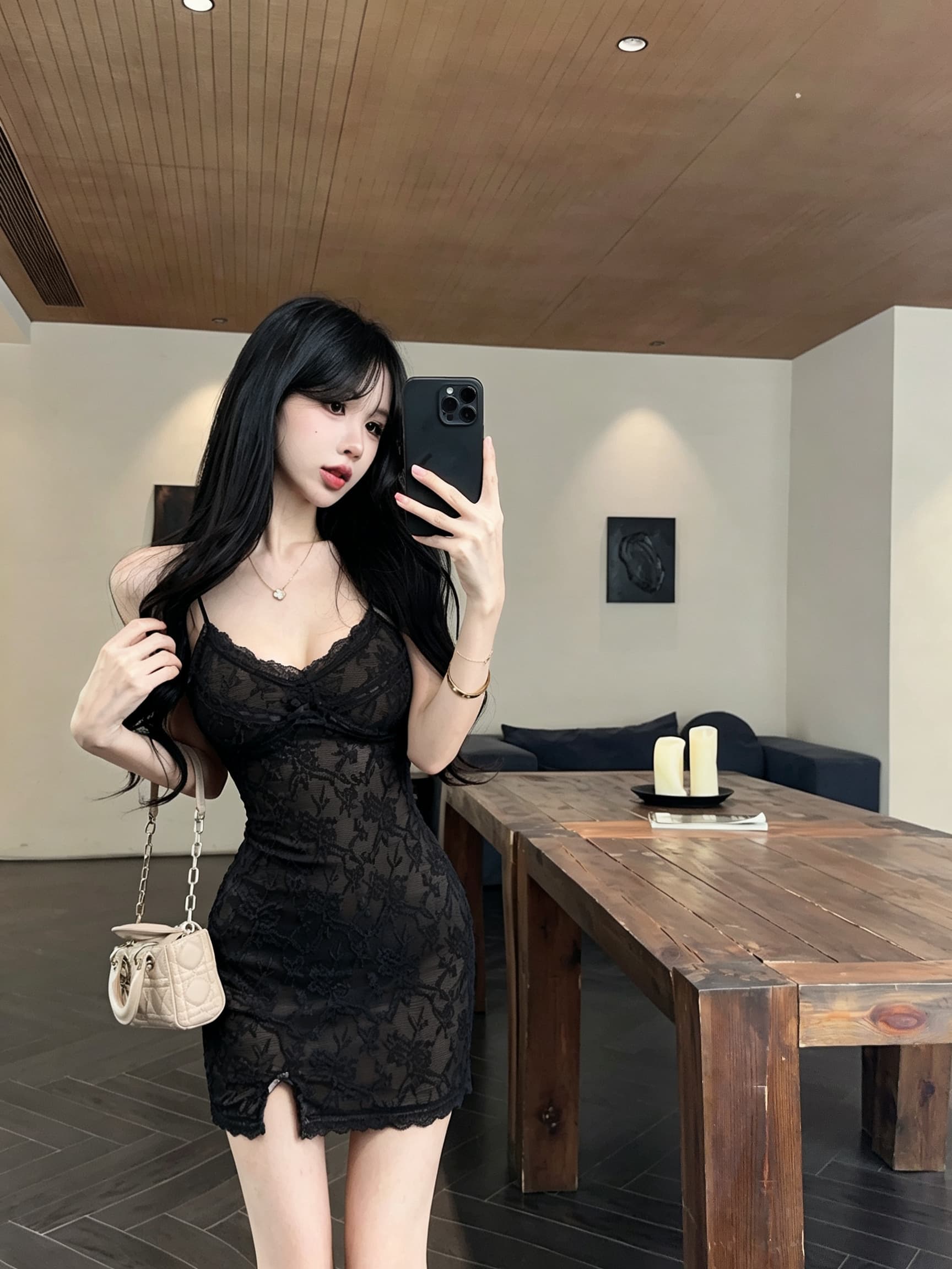 실사 무거운 작업 꽃무늬 레이스 슬립 드레스 물결무늬 네클라인 몸매 가꾸기 허리 수축 밑단 트임 쇼트 스타일 타이트 스커트 상세 이미지 2