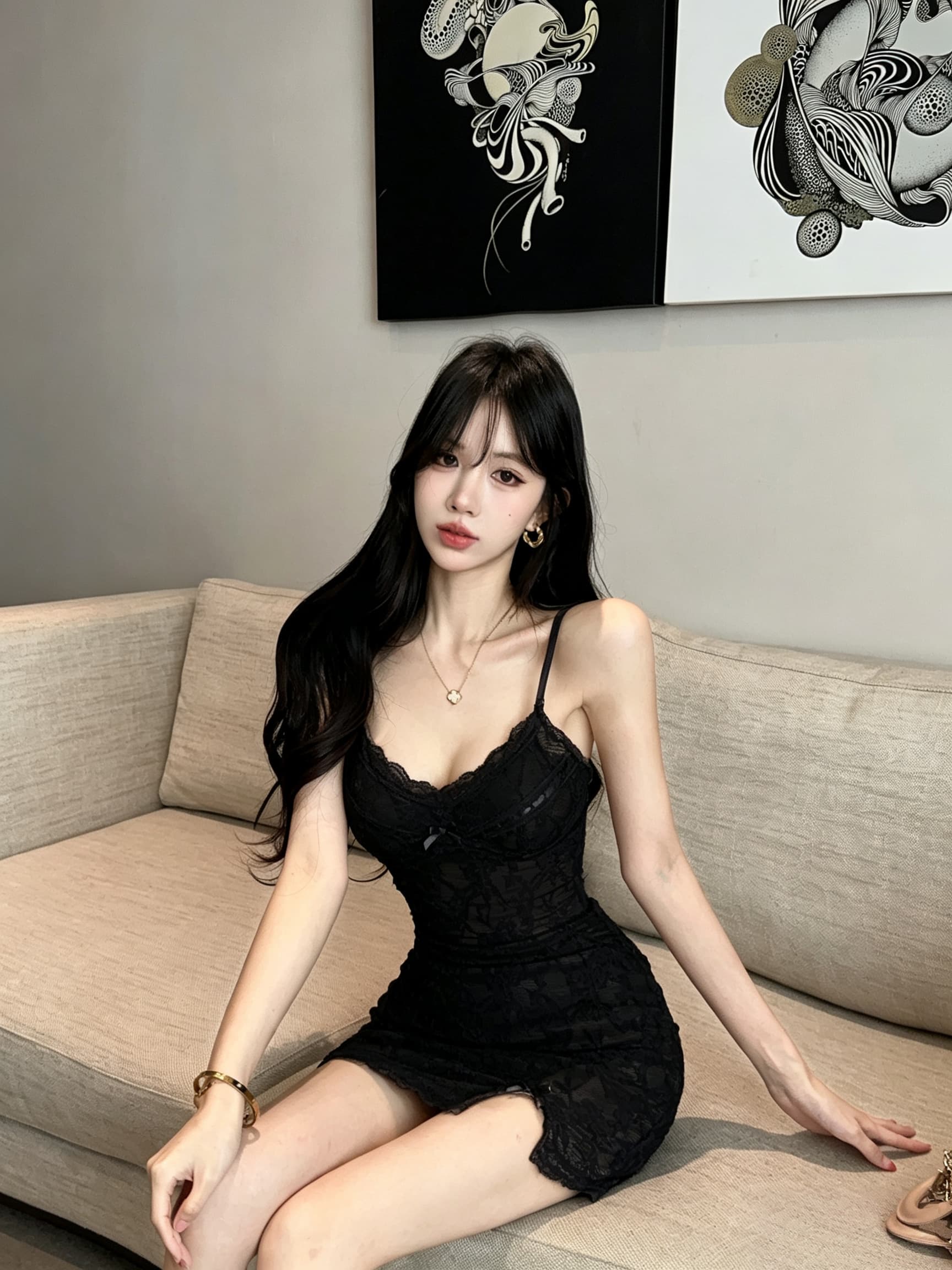 실사 무거운 작업 꽃무늬 레이스 슬립 드레스 물결무늬 네클라인 몸매 가꾸기 허리 수축 밑단 트임 쇼트 스타일 타이트 스커트 상세 이미지 3