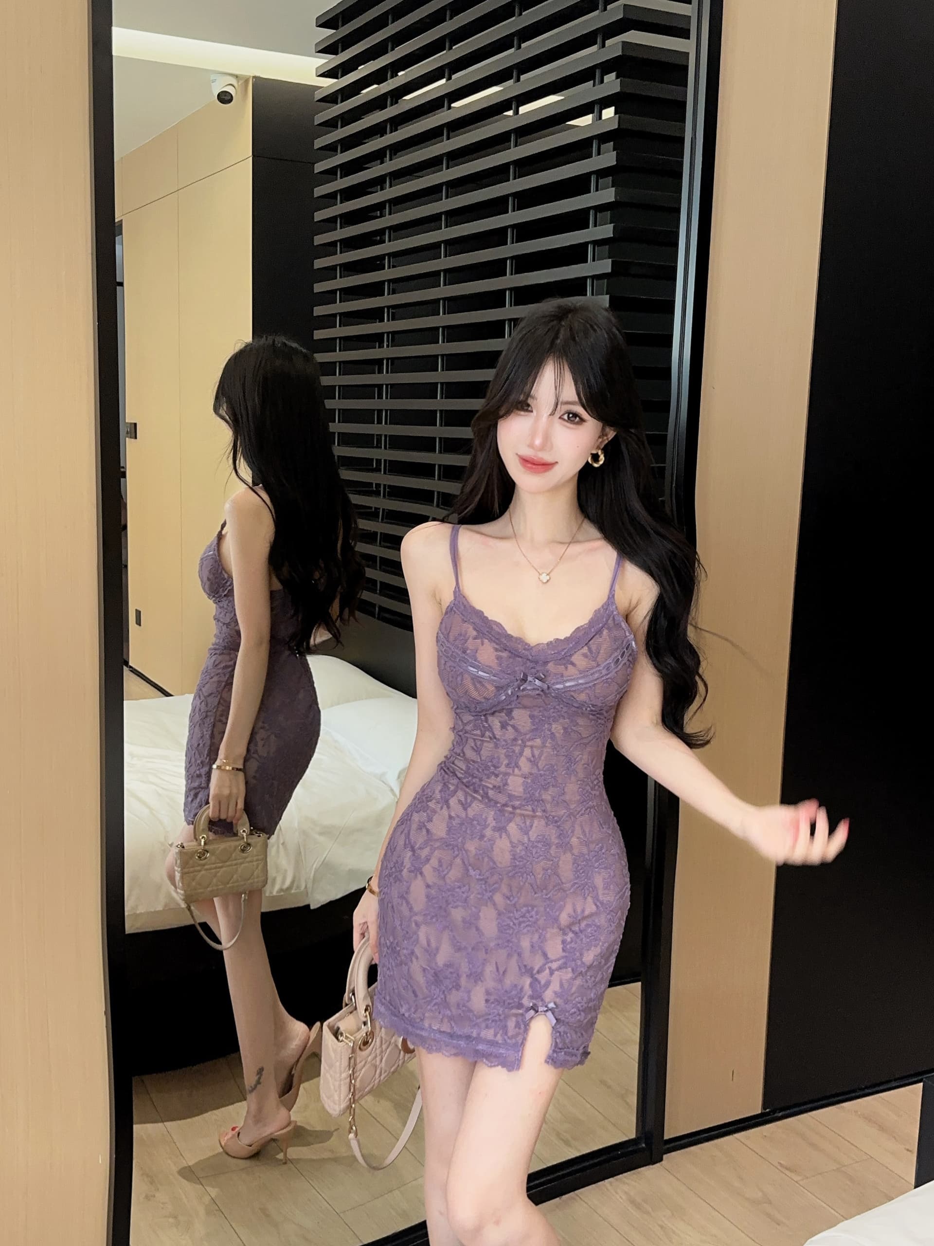실사 무거운 작업 꽃무늬 레이스 슬립 드레스 물결무늬 네클라인 몸매 가꾸기 허리 수축 밑단 트임 쇼트 스타일 타이트 스커트 상세 이미지 18