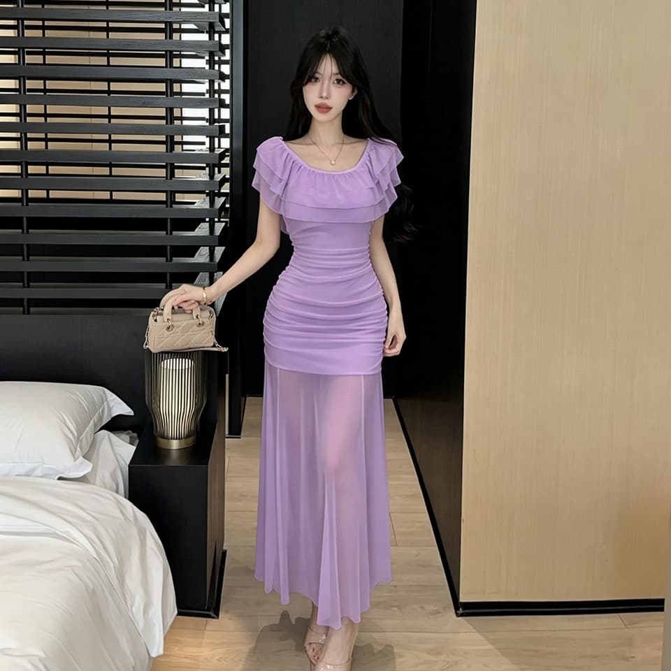 실사 오프숄더 프릴 여성 드레스 주름 타이트 스커트 인사이드 가져 가라. 패치워크 시스루 망사 롱 코트 예복 치마 이미지 4