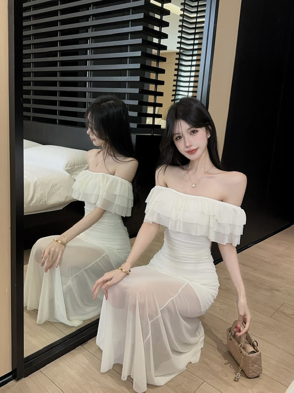 실사 오프숄더 프릴 여성 드레스 주름 타이트 스커트 인사이드 가져 가라. 패치워크 시스루 망사 롱 코트 예복 치마 상세 이미지 12