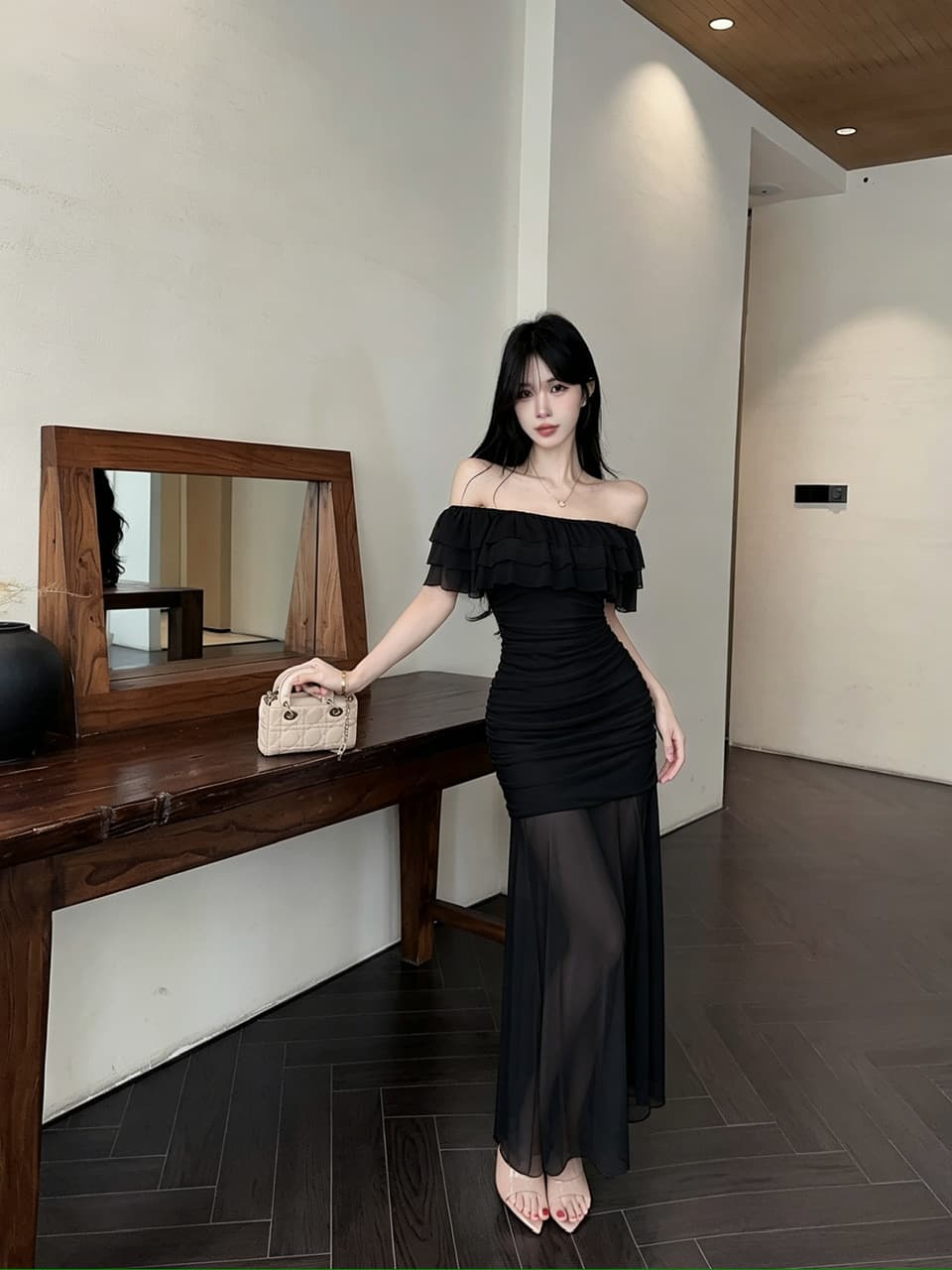 실사 오프숄더 프릴 여성 드레스 주름 타이트 스커트 인사이드 가져 가라. 패치워크 시스루 망사 롱 코트 예복 치마 상세 이미지 21