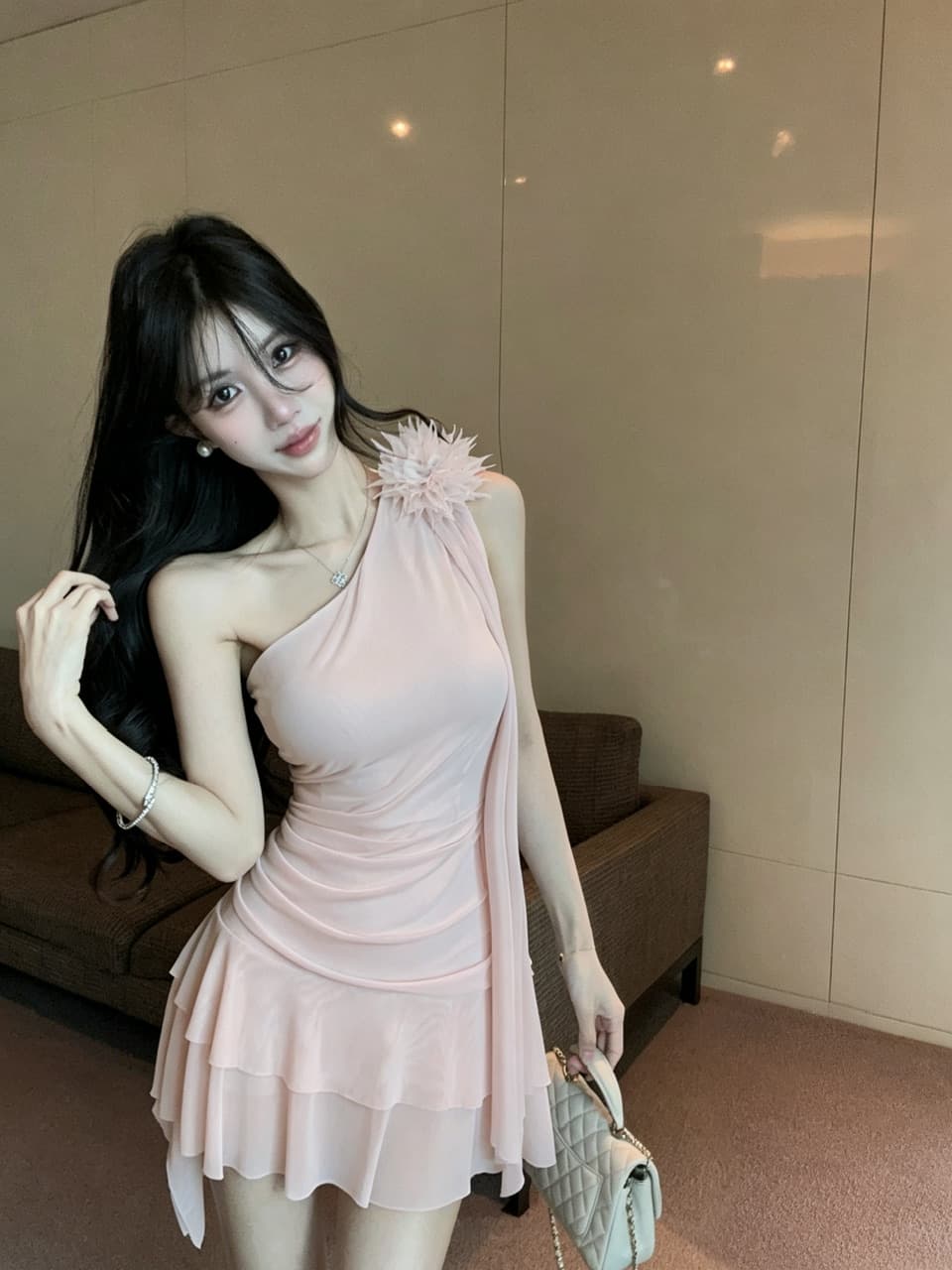 실사 비스듬한 어깨 3 차원 꽃 리본 여성 드레스 허리 주름 허리 수축 패치워크 망사 밑단 핫걸 미니 스커트 상세 이미지 5