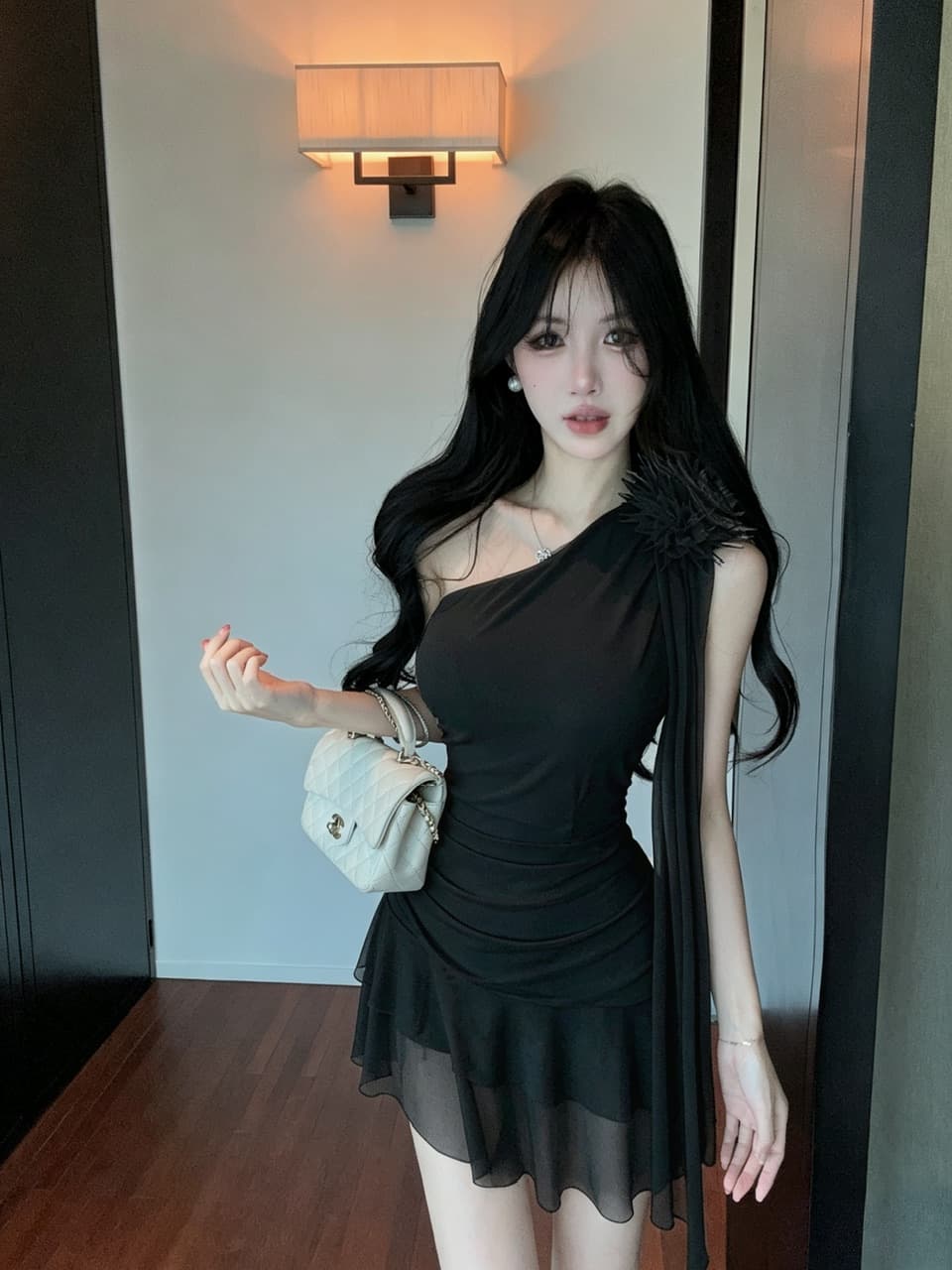 실사 비스듬한 어깨 3 차원 꽃 리본 여성 드레스 허리 주름 허리 수축 패치워크 망사 밑단 핫걸 미니 스커트 상세 이미지 14