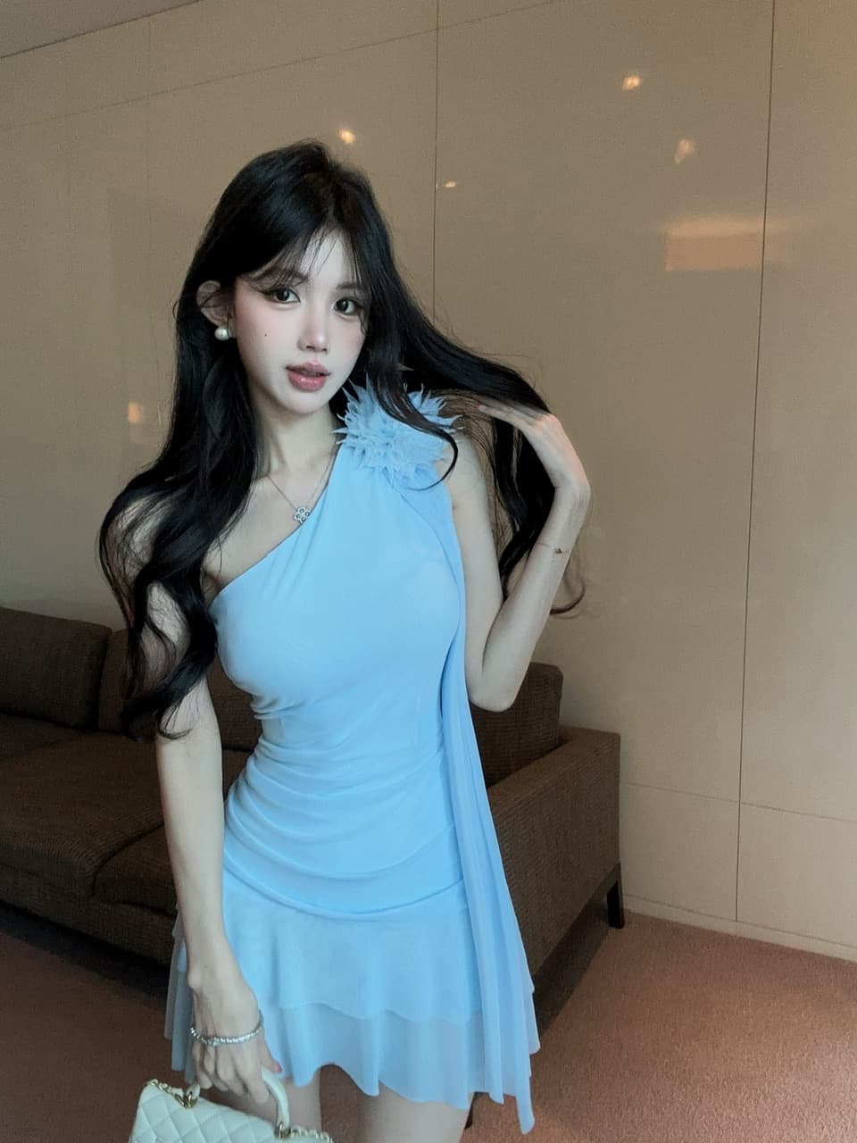 실사 비스듬한 어깨 3 차원 꽃 리본 여성 드레스 허리 주름 허리 수축 패치워크 망사 밑단 핫걸 미니 스커트 상세 이미지 20