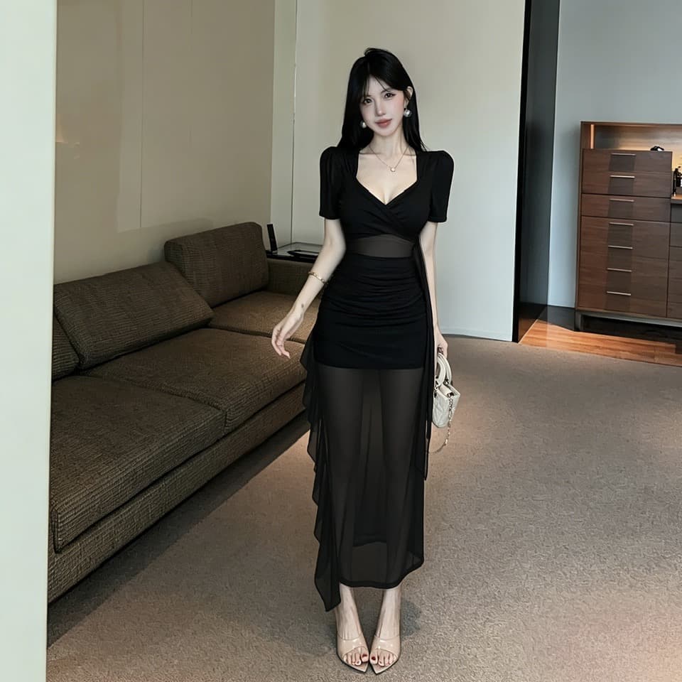 실사 십자가 V넥 반팔 망사 롱 스커트 주름 허리 수축 시스루 불규칙 밑단 섹시함 타이트 스커트 드레스 이미지 5