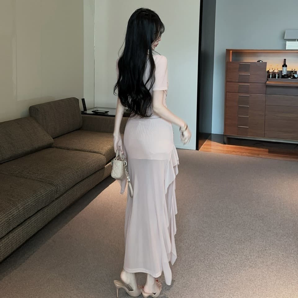 실사 십자가 V넥 반팔 망사 롱 스커트 주름 허리 수축 시스루 불규칙 밑단 섹시함 타이트 스커트 드레스 이미지 4