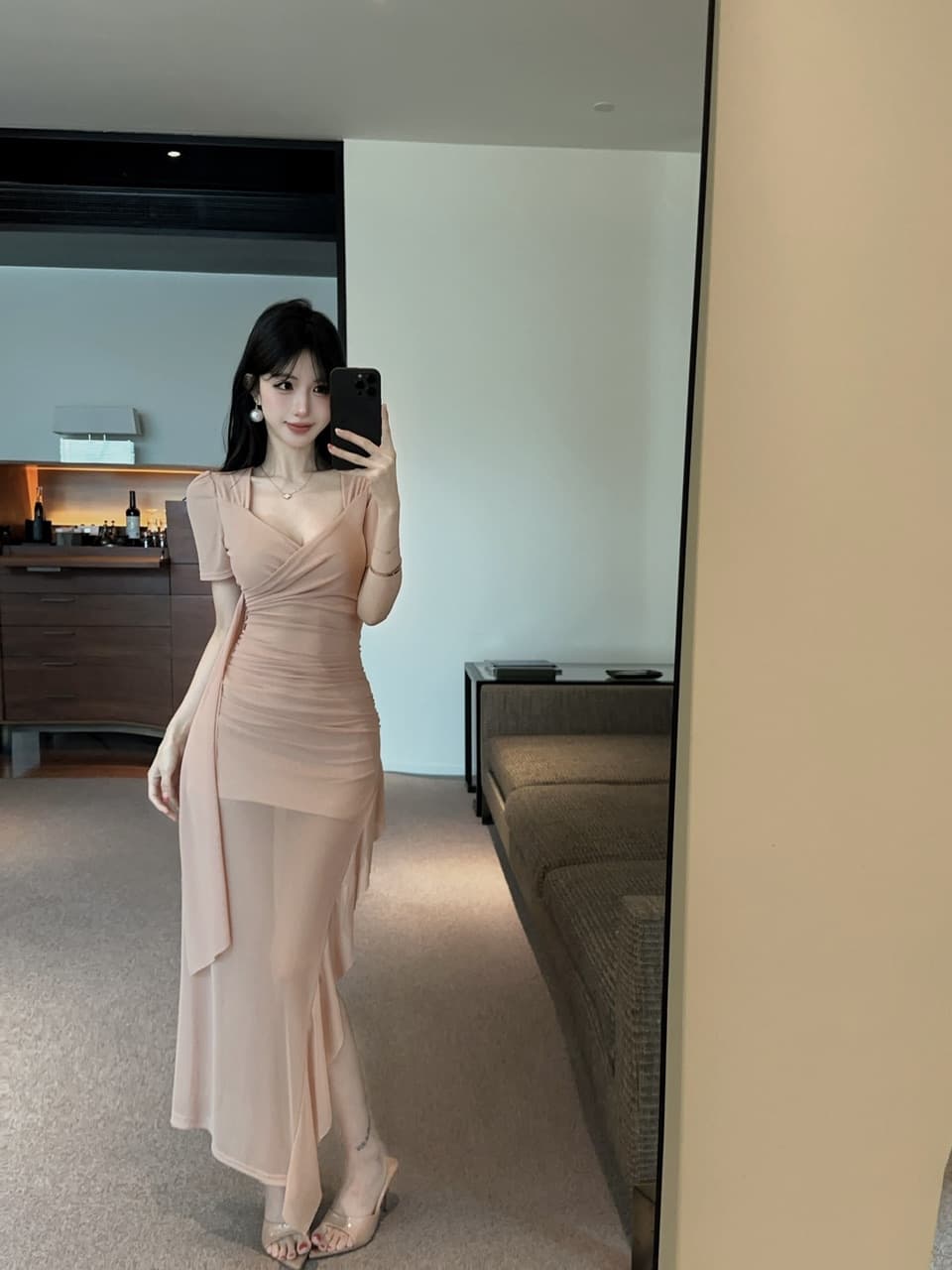 실사 십자가 V넥 반팔 망사 롱 스커트 주름 허리 수축 시스루 불규칙 밑단 섹시함 타이트 스커트 드레스 상세 이미지 8