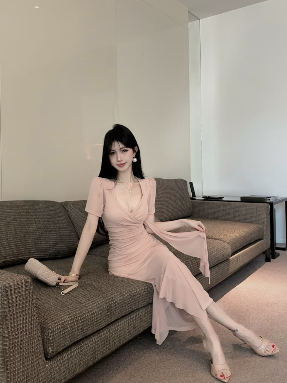 실사 십자가 V넥 반팔 망사 롱 스커트 주름 허리 수축 시스루 불규칙 밑단 섹시함 타이트 스커트 드레스 상세 이미지 14