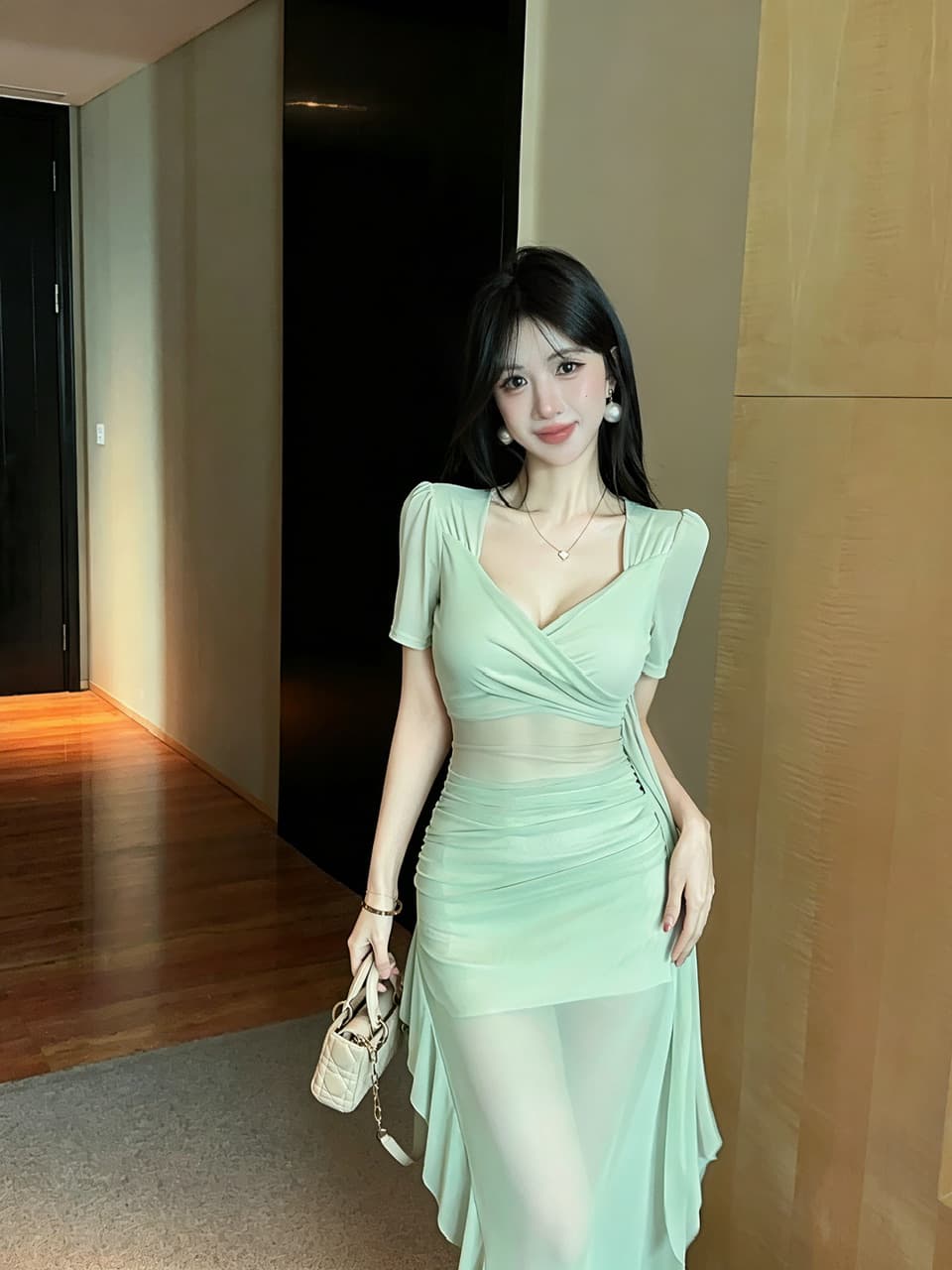 실사 십자가 V넥 반팔 망사 롱 스커트 주름 허리 수축 시스루 불규칙 밑단 섹시함 타이트 스커트 드레스 상세 이미지 19