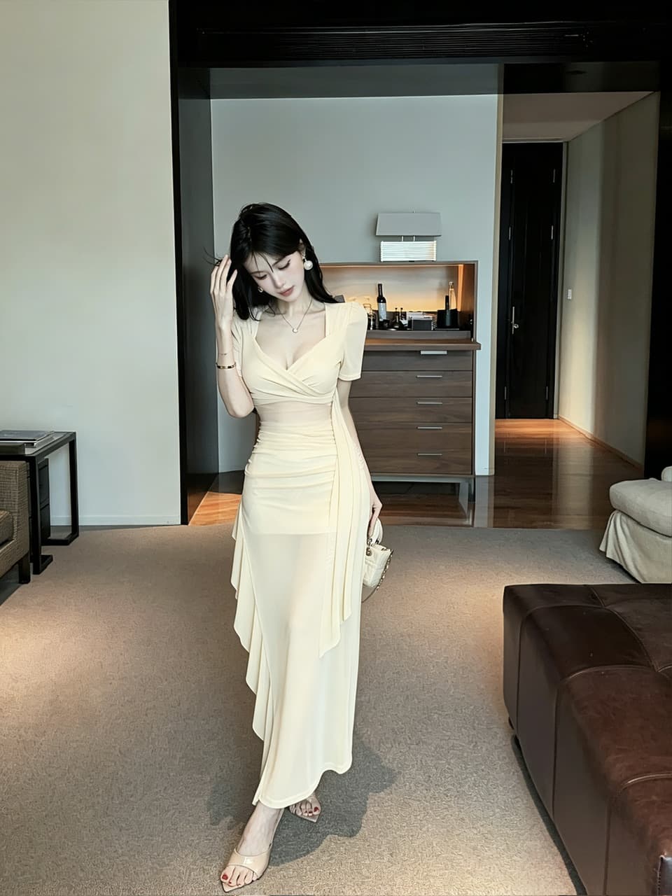 실사 십자가 V넥 반팔 망사 롱 스커트 주름 허리 수축 시스루 불규칙 밑단 섹시함 타이트 스커트 드레스 상세 이미지 22