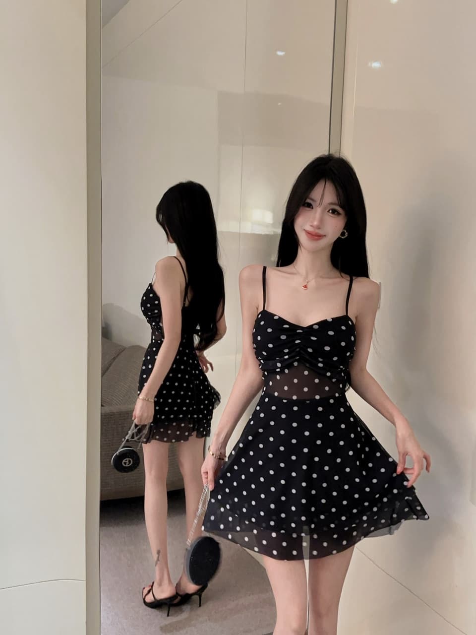 실사 레트로 도트 무늬 슬립 드레스 섹시함 망사 V넥 주름 허리 수축 이중층 케이크 드레스 핫걸 미니 스커트 상세 이미지 20