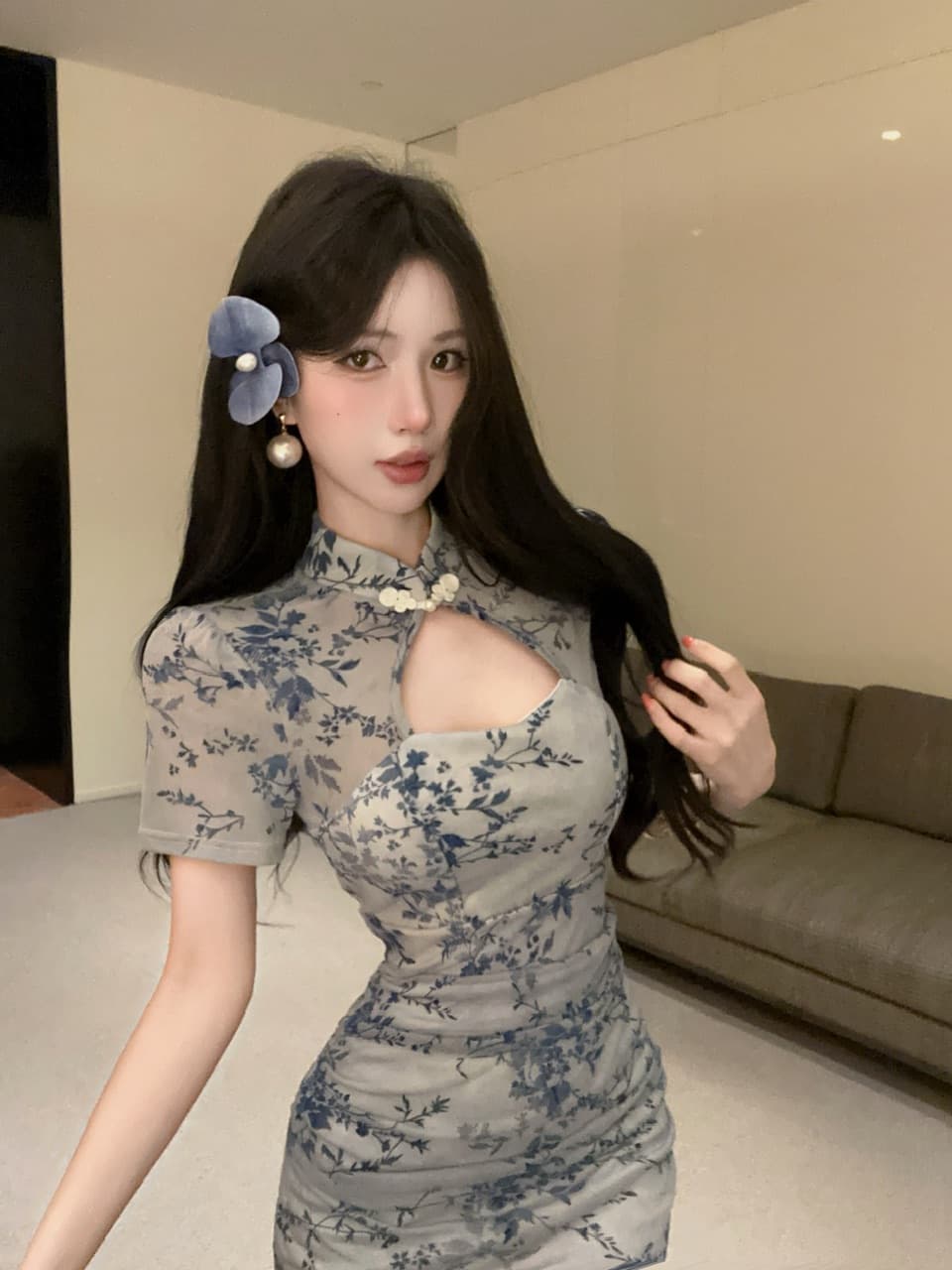 실사 국풍 꽃무늬 개선 치파오 드레스 홀로우 아웃 단추 스탠드 칼라 반팔 트임 인어 꼬리 롱 스커트 드레스 상세 이미지 7