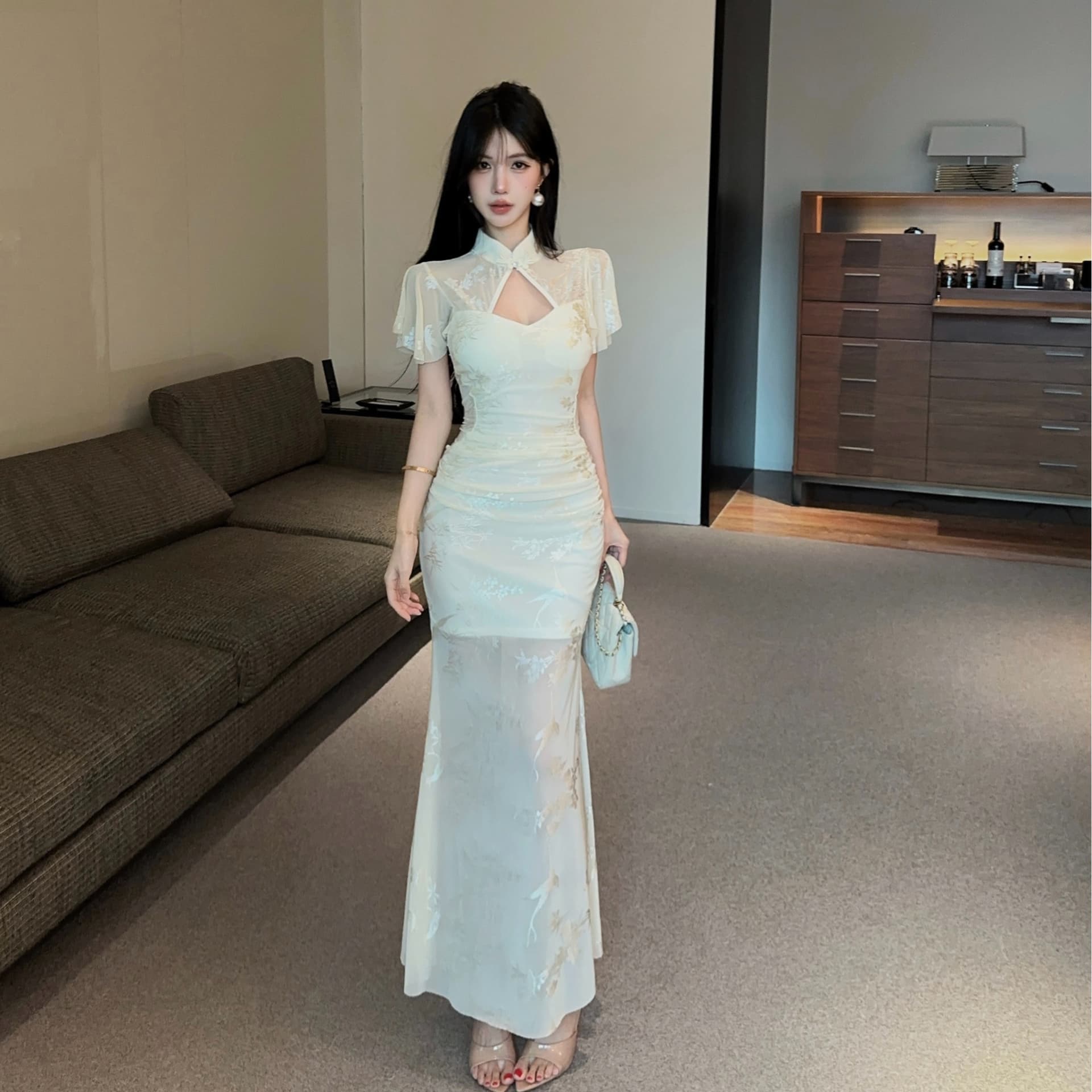 실사 새로운 중식 개선 치파오 드레스 단추 홀로우 아웃 날다 소매 어둠 곡물 몸매 가꾸기 인어 꼬리 롱 스커트 타이트 스커트 이미지 3
