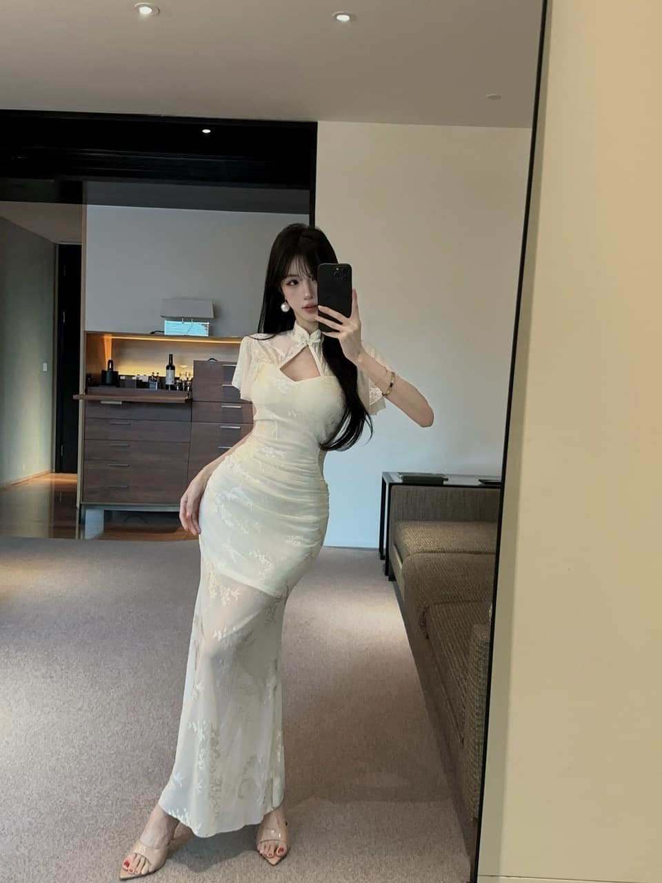 실사 새로운 중식 개선 치파오 드레스 단추 홀로우 아웃 날다 소매 어둠 곡물 몸매 가꾸기 인어 꼬리 롱 스커트 타이트 스커트 상세 이미지 22