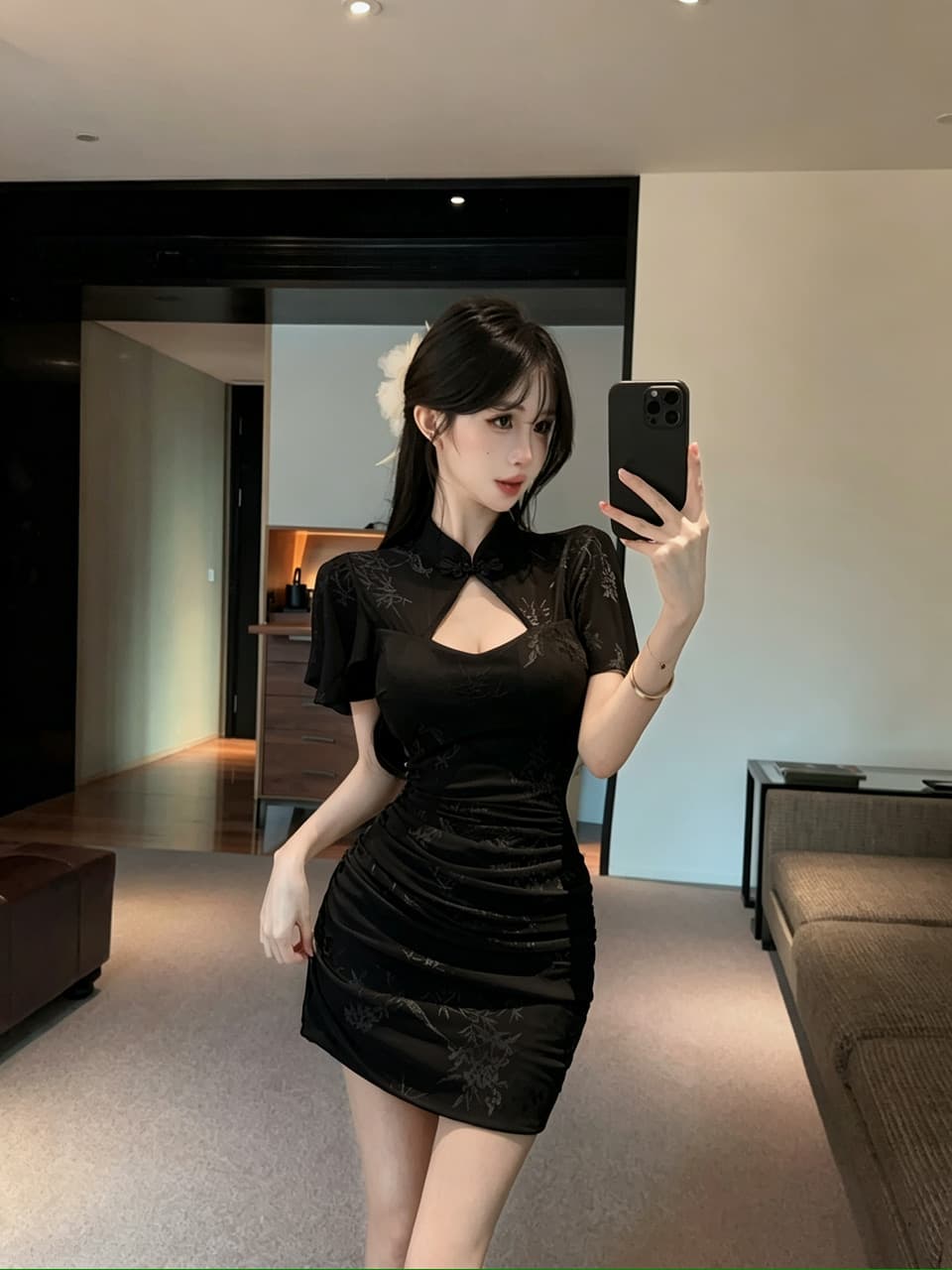 실사 새로운 중식 개선 치파오 스탠드 칼라 단추 홀로우 아웃 날다 소매 어둠 곡물 주름 허리 수축 타이트 스커트 쇼트 스타일 드레스 상세 이미지 15