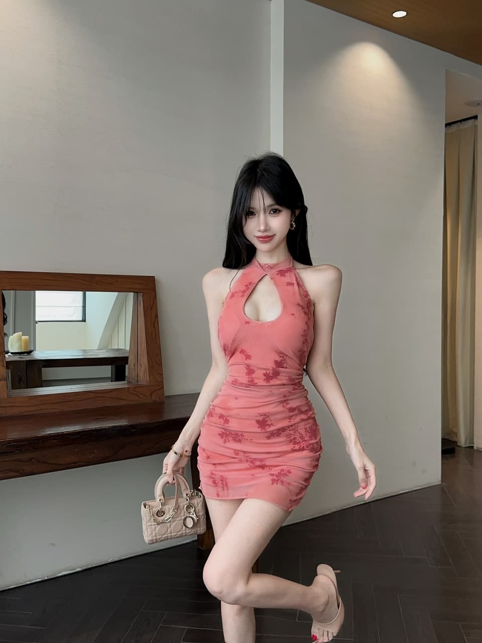 실사 새로운 중식 행침 목 여성 드레스 홀로우 아웃 망사 프린트 주름 몸매 가꾸기 타이트 스커트 민소매 핫걸 미니 스커트 상세 이미지 11