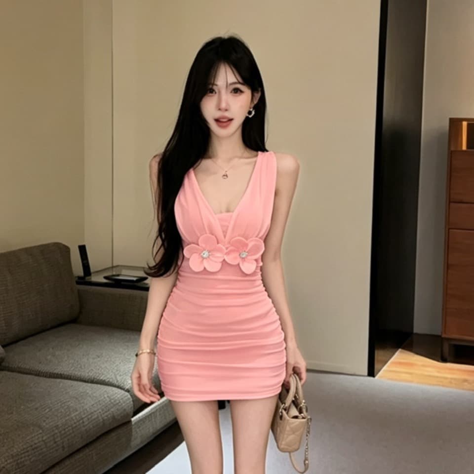 실사 3 차원 꽃 민소매 여성 드레스 깊은 v 망사 주름 몸매 가꾸기 타이트 스커트 쇼트 스타일 핫걸 조끼 미니 스커트 이미지 5