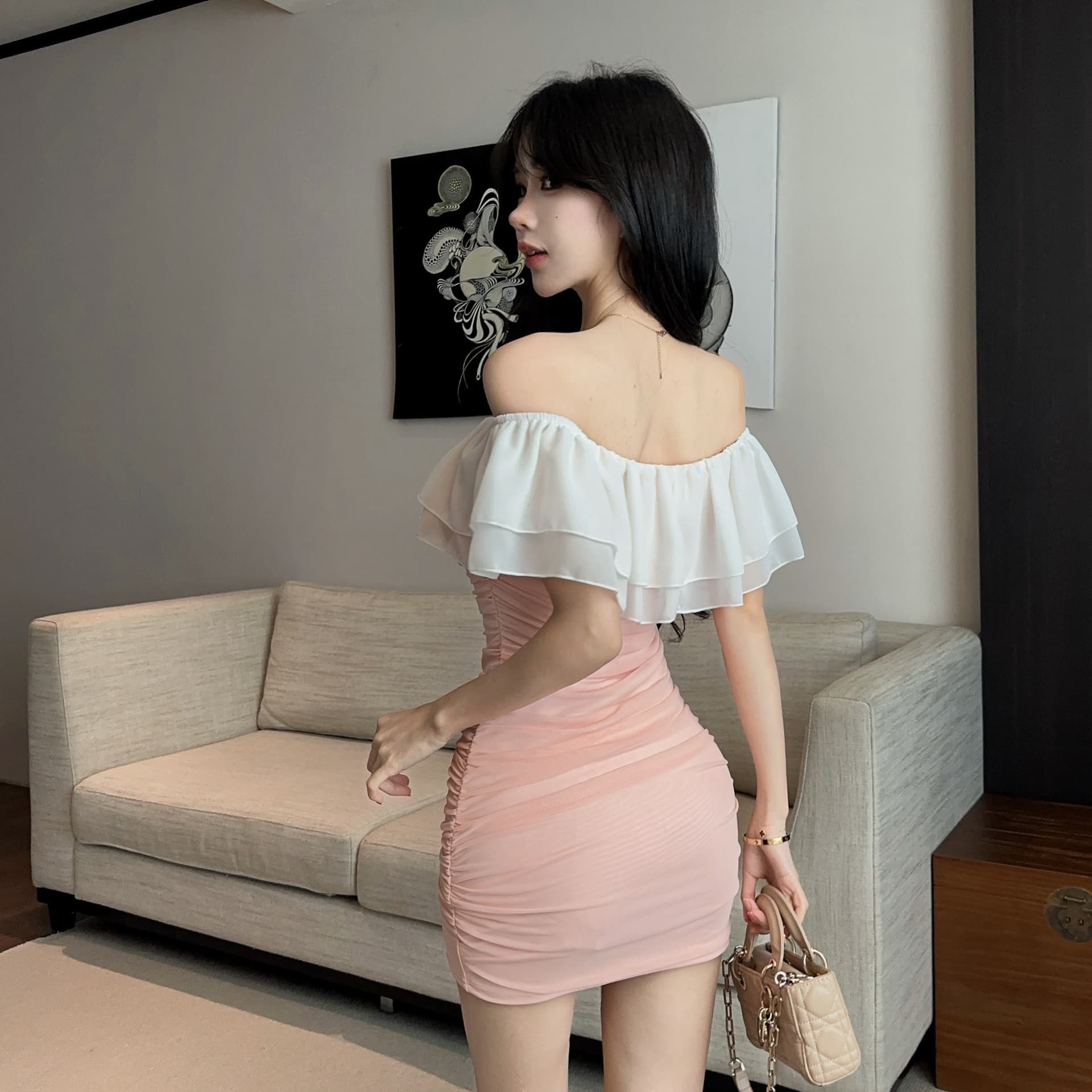 실사 오프숄더 프릴 타이트 스커트 미니 스커트 이중층 쉬폰 폴로 칼라 디자인 센스 펌프 Pleat 타이트 슬림해 보이는 드레스 이미지 4