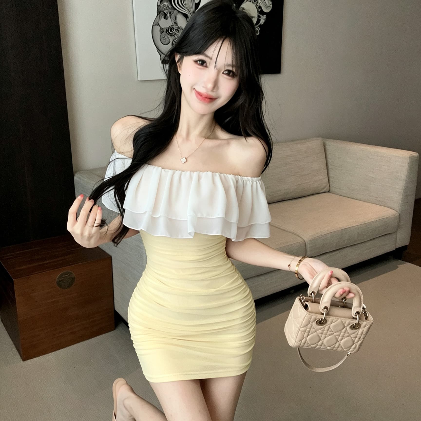 실사 오프숄더 프릴 타이트 스커트 미니 스커트 이중층 쉬폰 폴로 칼라 디자인 센스 펌프 Pleat 타이트 슬림해 보이는 드레스 이미지 3