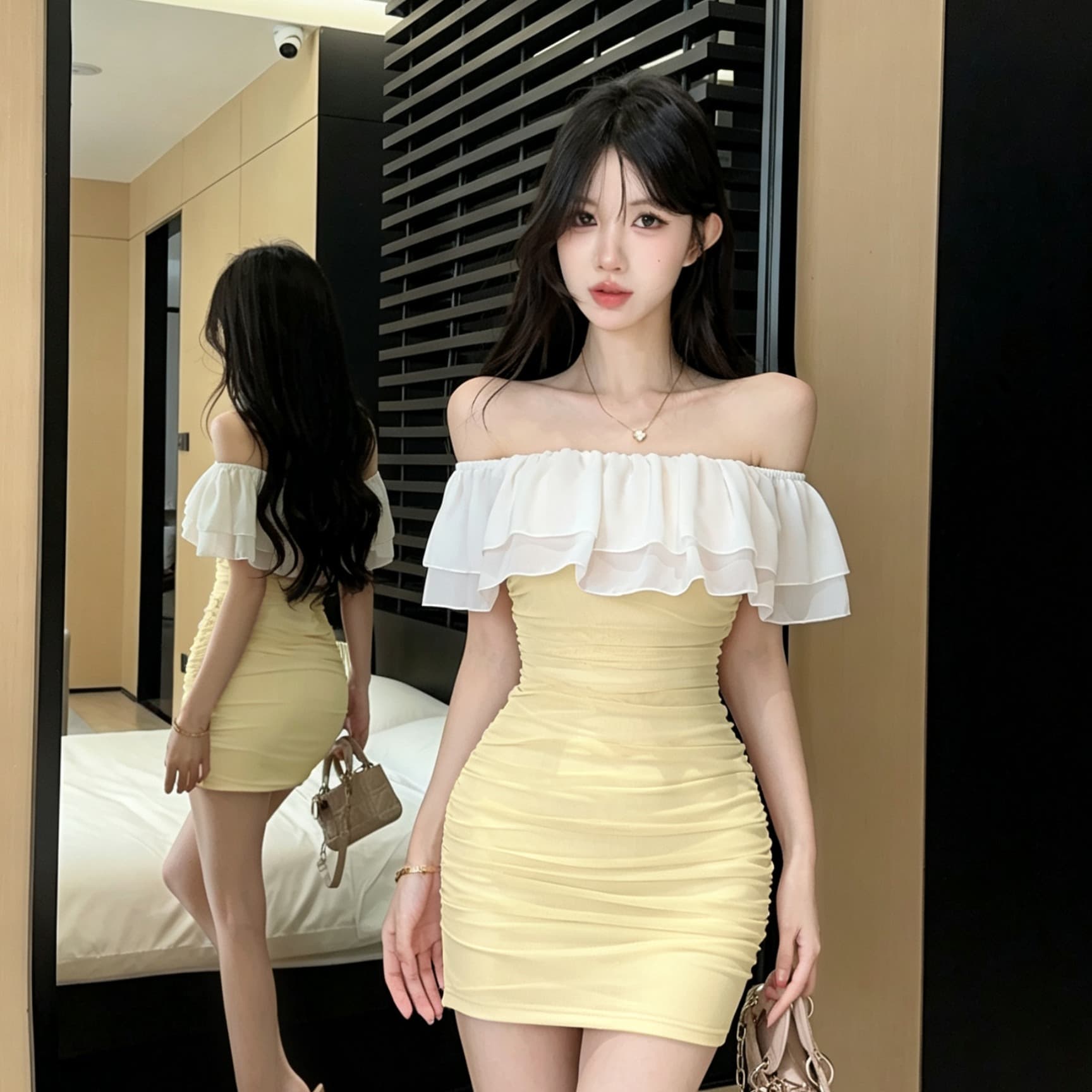실사 오프숄더 프릴 타이트 스커트 미니 스커트 이중층 쉬폰 폴로 칼라 디자인 센스 펌프 Pleat 타이트 슬림해 보이는 드레스