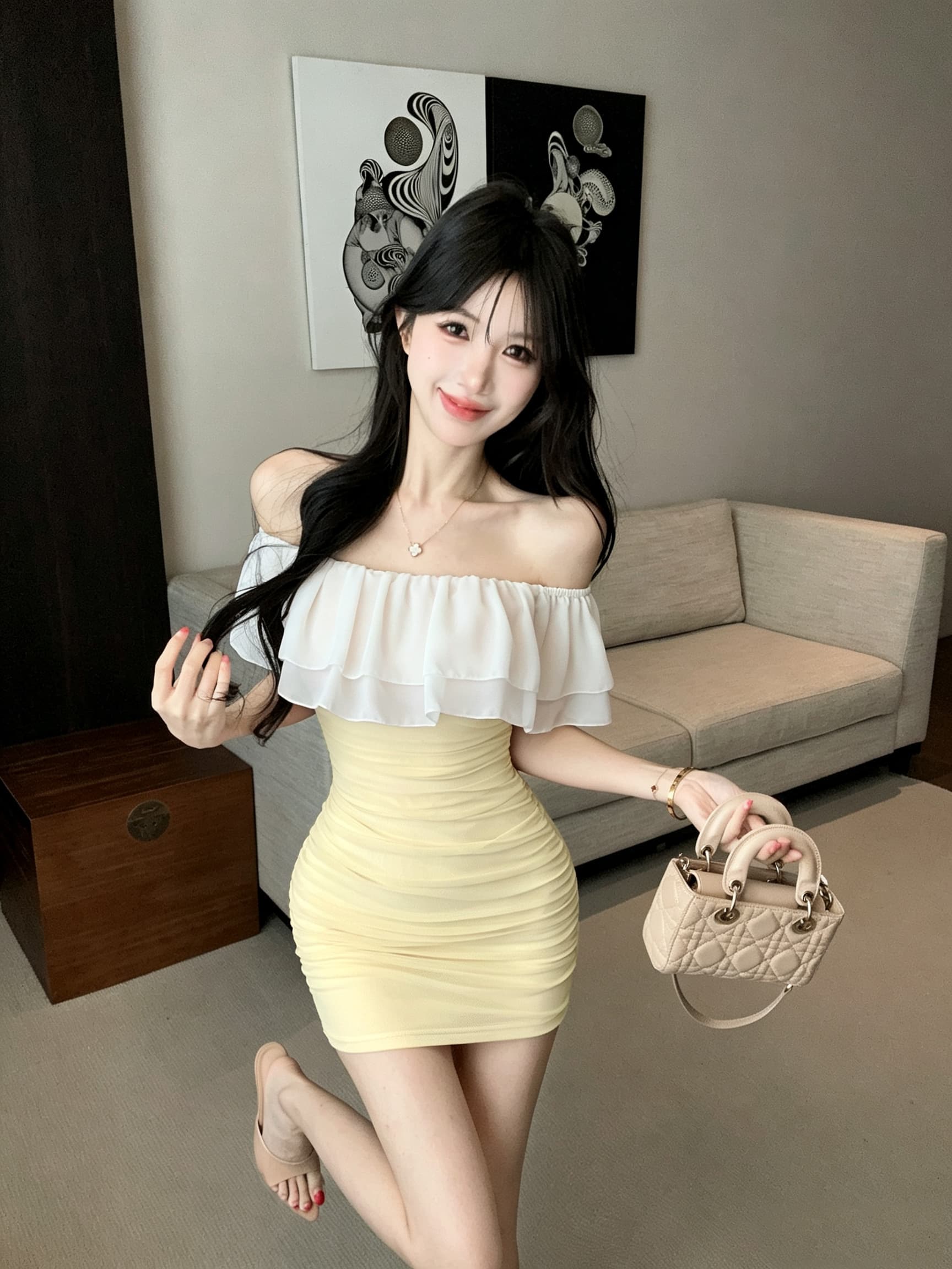 실사 오프숄더 프릴 타이트 스커트 미니 스커트 이중층 쉬폰 폴로 칼라 디자인 센스 펌프 Pleat 타이트 슬림해 보이는 드레스 상세 이미지 5