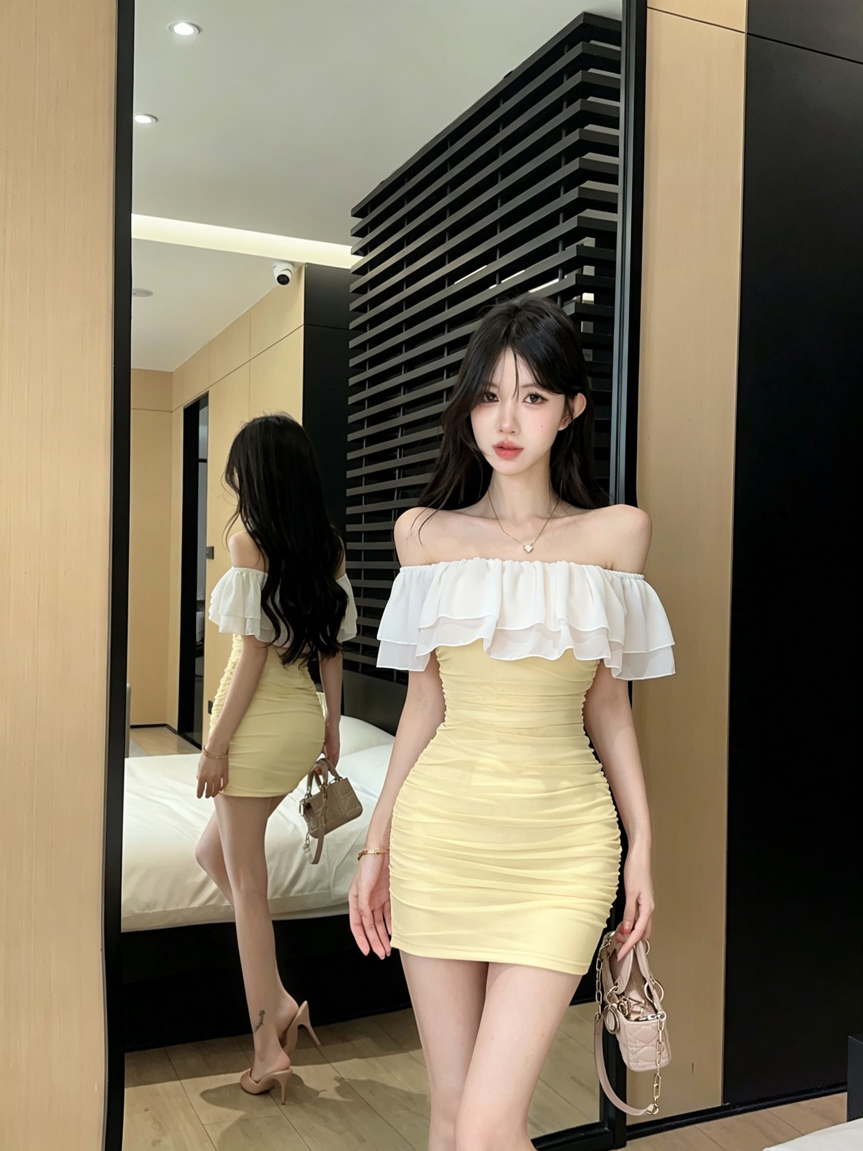 실사 오프숄더 프릴 타이트 스커트 미니 스커트 이중층 쉬폰 폴로 칼라 디자인 센스 펌프 Pleat 타이트 슬림해 보이는 드레스 상세 이미지 7