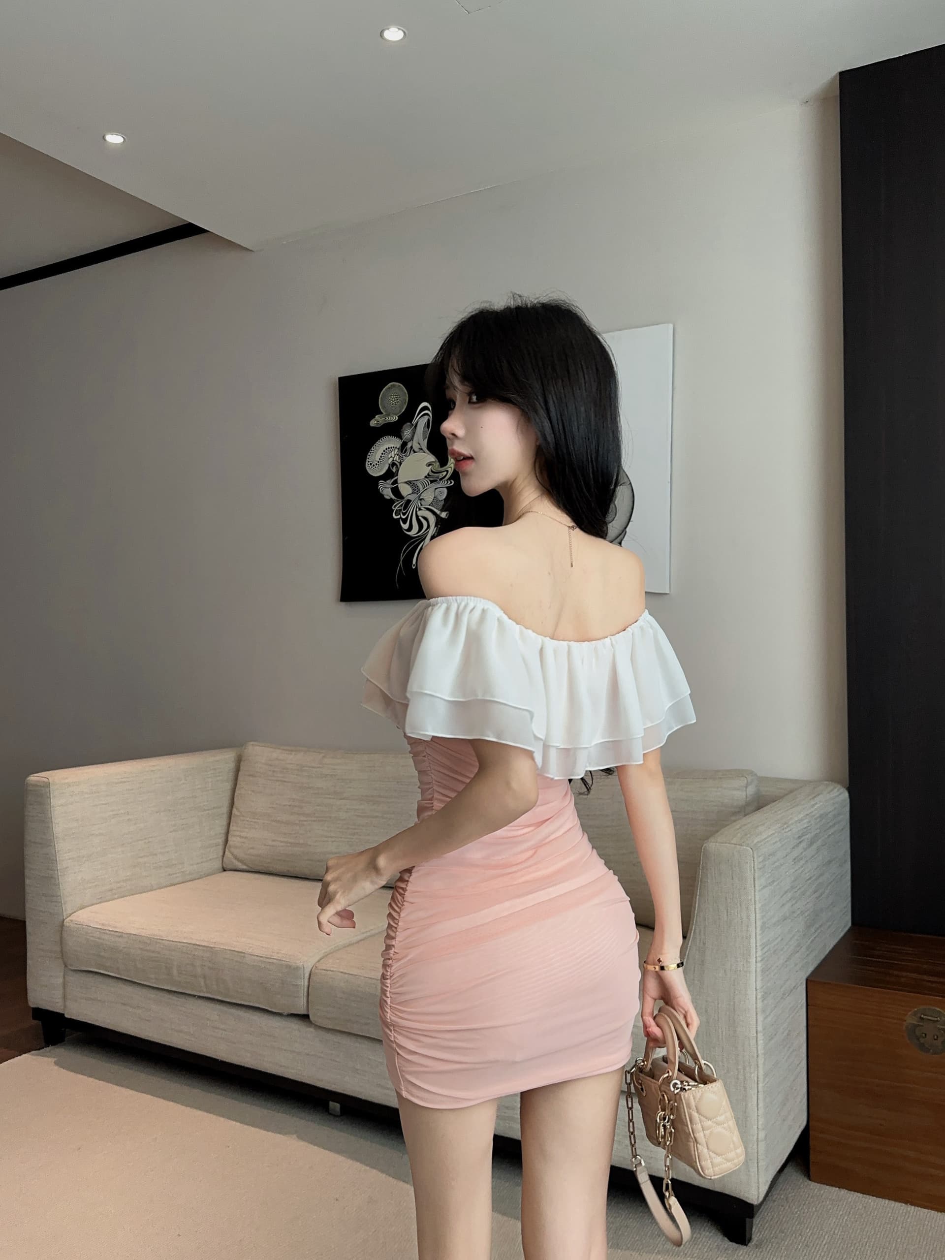 실사 오프숄더 프릴 타이트 스커트 미니 스커트 이중층 쉬폰 폴로 칼라 디자인 센스 펌프 Pleat 타이트 슬림해 보이는 드레스 상세 이미지 14