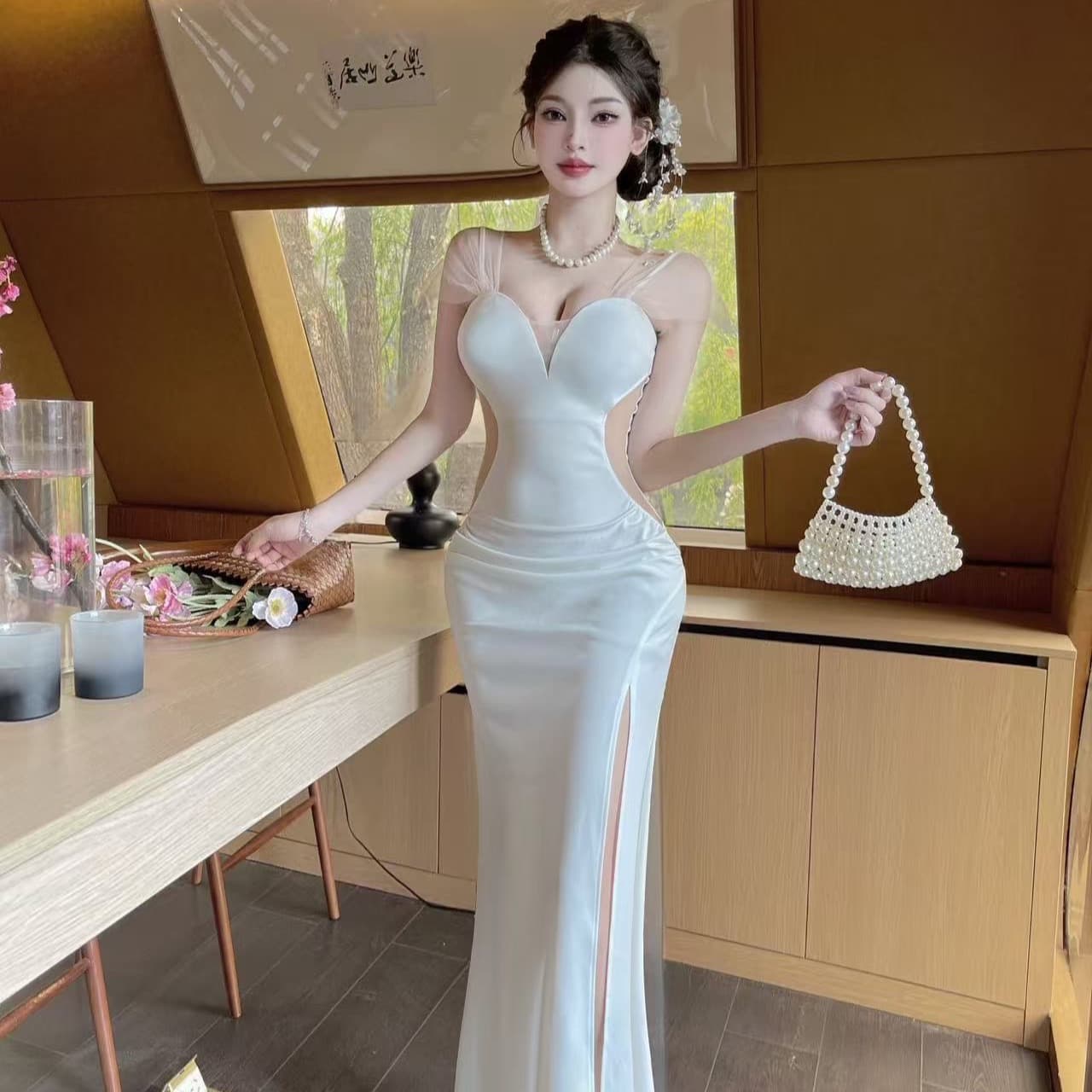 실사 분위기 센스 낮은 네크라인 슬립 예복 치마 날다 소매 측면 홀로우 아웃 트임 신축성 몸매 가꾸기 인어 꼬리 길다 치마 이미지 2