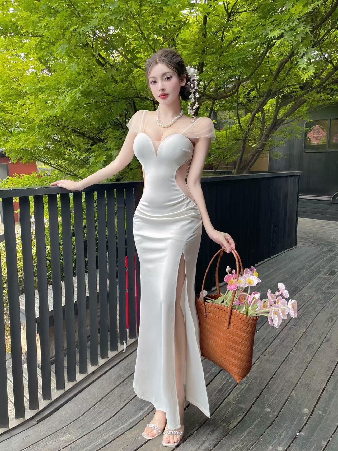 실사 분위기 센스 낮은 네크라인 슬립 예복 치마 날다 소매 측면 홀로우 아웃 트임 신축성 몸매 가꾸기 인어 꼬리 길다 치마 상세 이미지 5