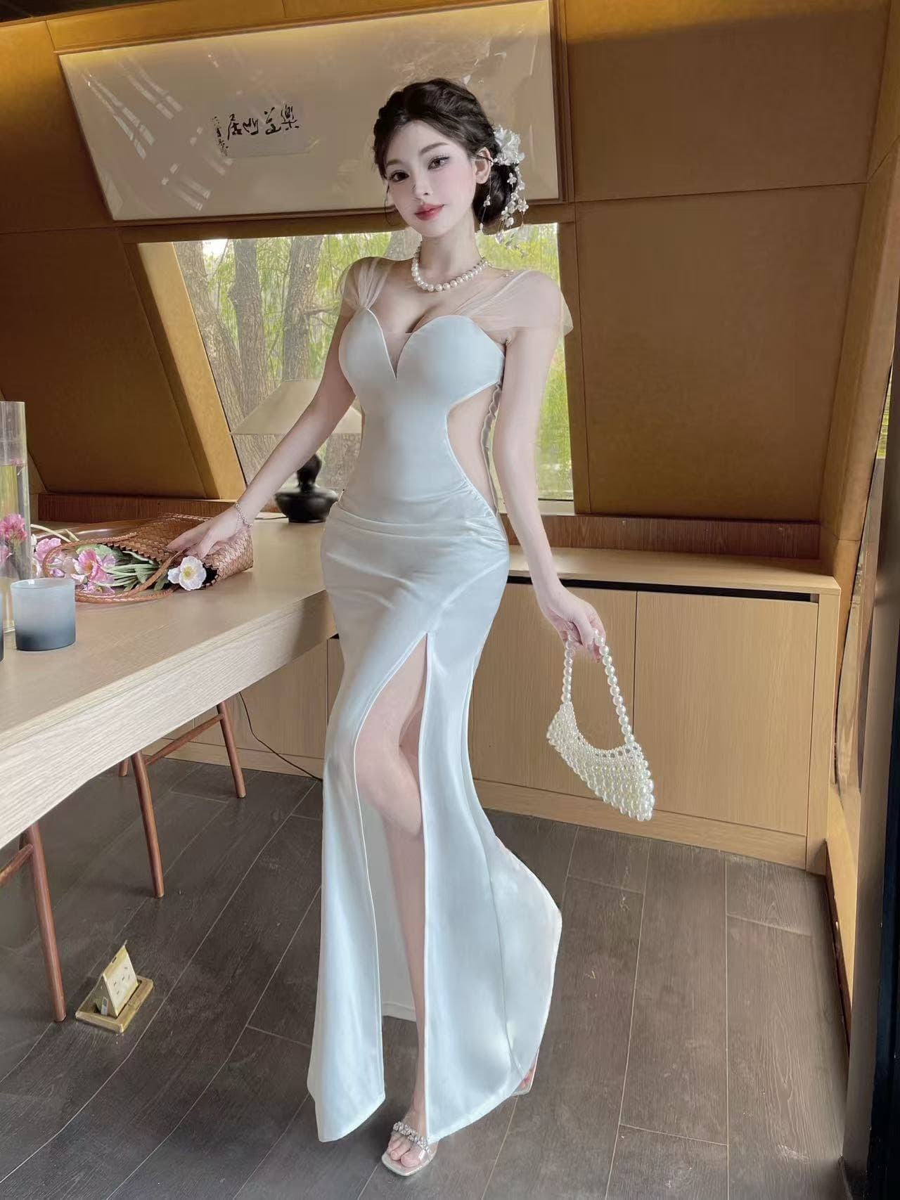 실사 분위기 센스 낮은 네크라인 슬립 예복 치마 날다 소매 측면 홀로우 아웃 트임 신축성 몸매 가꾸기 인어 꼬리 길다 치마 상세 이미지 8