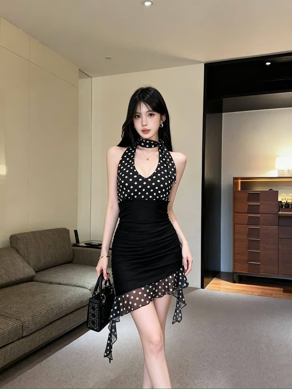 실사 행침 목 여성 드레스 V넥 패치워크 주름 불규칙 리본 망사 몸매 가꾸기 타이트 스커트 쇼트 스타일 미니 스커트 상세 이미지 13