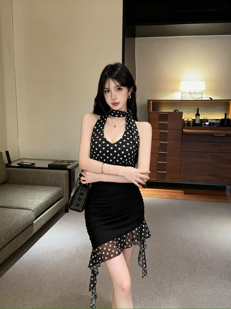 실사 행침 목 여성 드레스 V넥 패치워크 주름 불규칙 리본 망사 몸매 가꾸기 타이트 스커트 쇼트 스타일 미니 스커트 상세 이미지 14