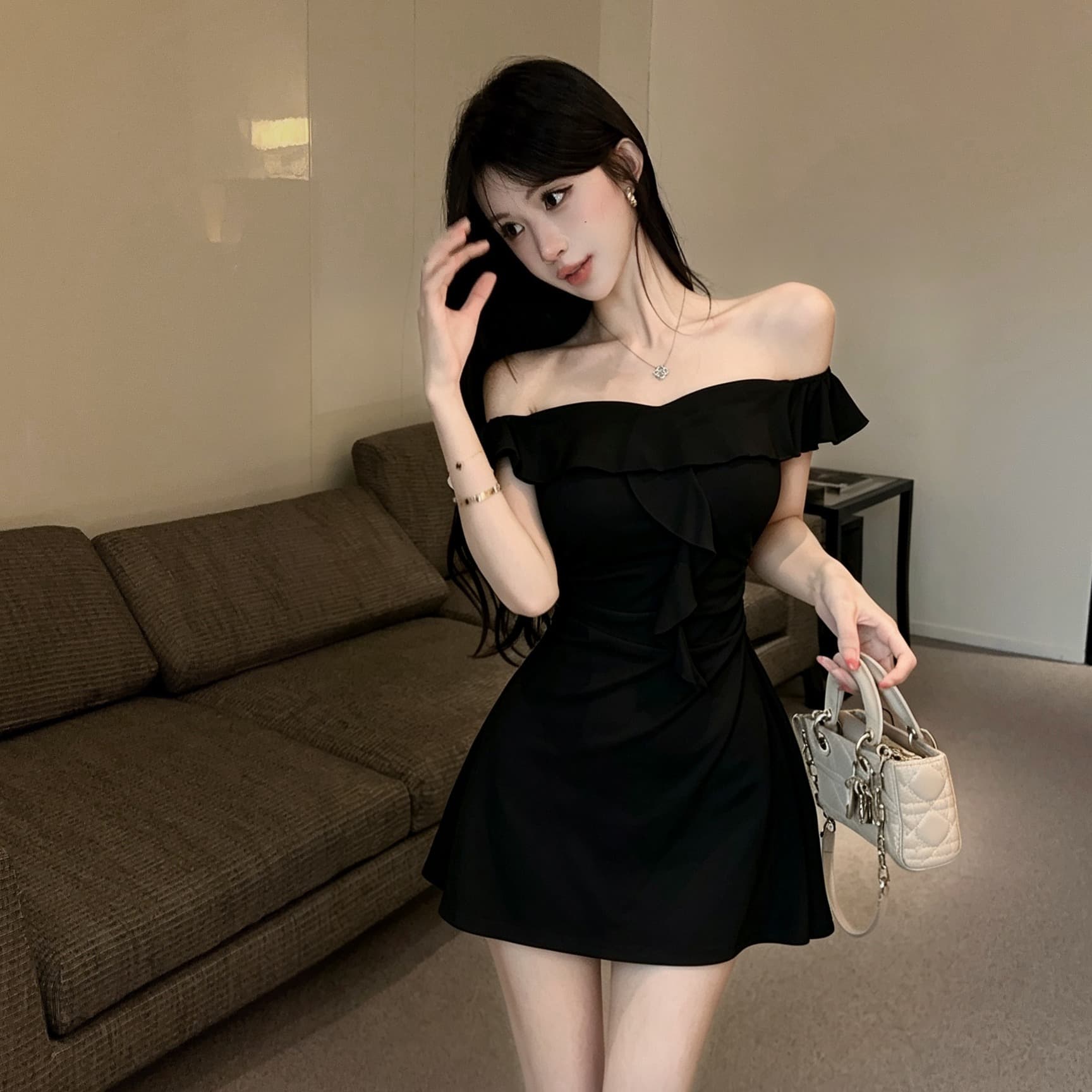 실사 오프숄더 Feifei 소매 a 단어 미니 스커트 프랑스식 연꽃 잎 폴로 칼라 정면 리본 신축성 허리 수축 드레스 이미지 2