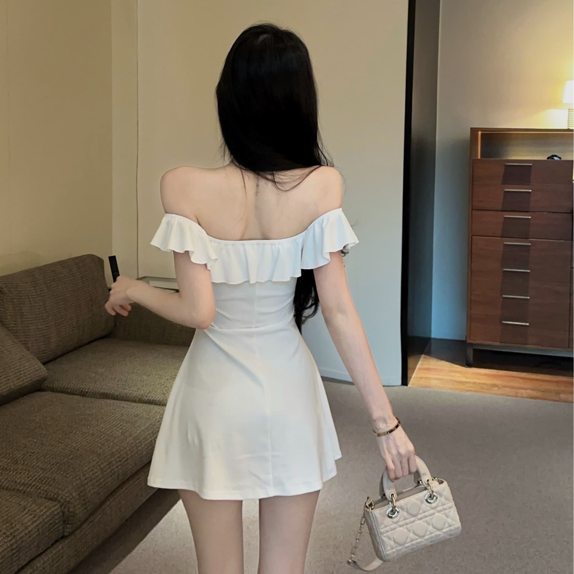 실사 오프숄더 Feifei 소매 a 단어 미니 스커트 프랑스식 연꽃 잎 폴로 칼라 정면 리본 신축성 허리 수축 드레스 이미지 3